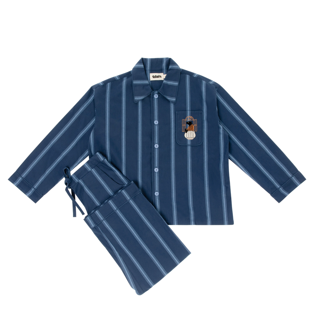“Urban Jungle” Thickened Cotton Flannel Loungewear Set Dark Blue Stripes