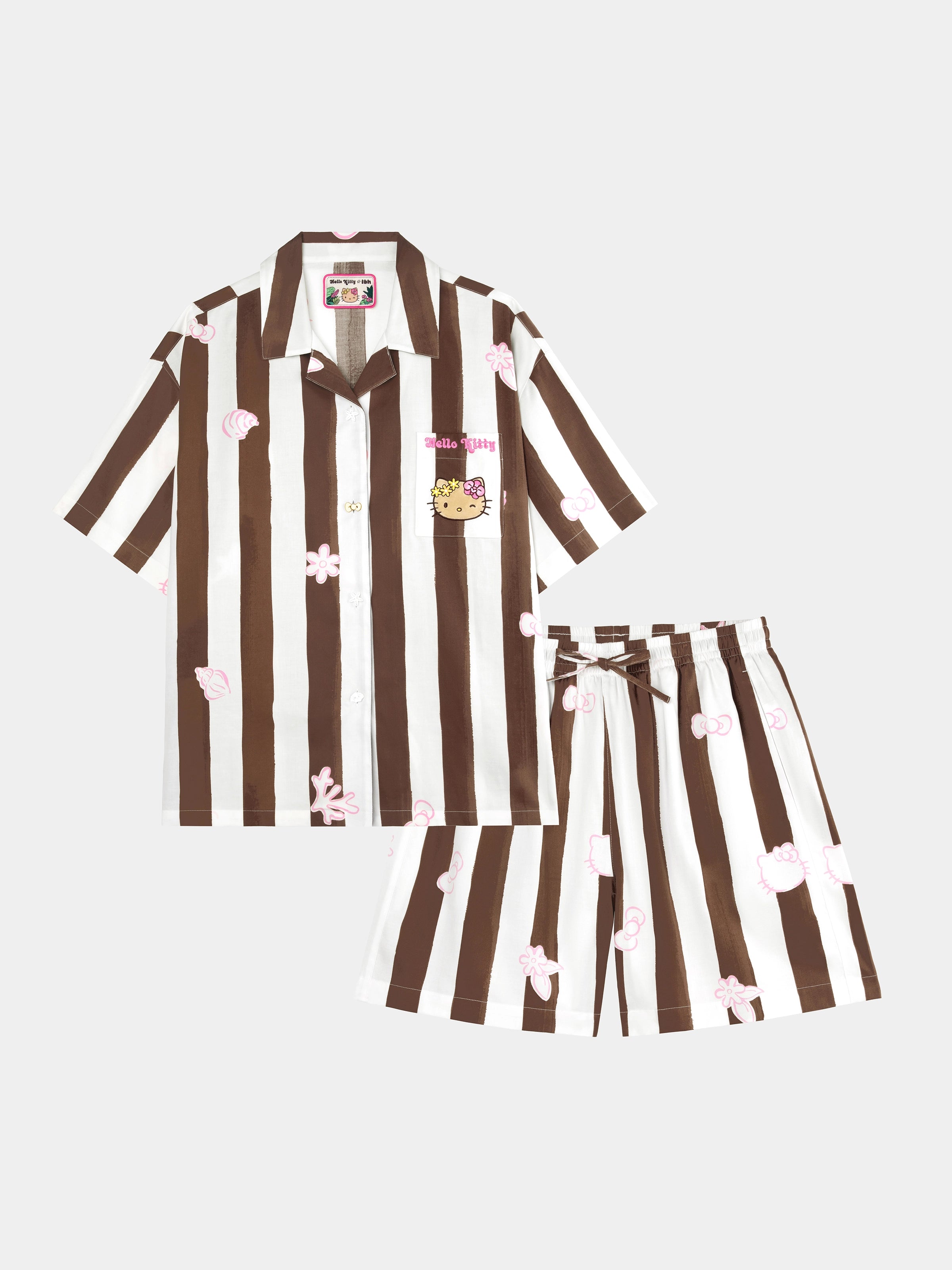 "Hello Kitty" Tencel Cotton Blend Loungewear Set Short Sleeve & Shorts – Coconut Brown