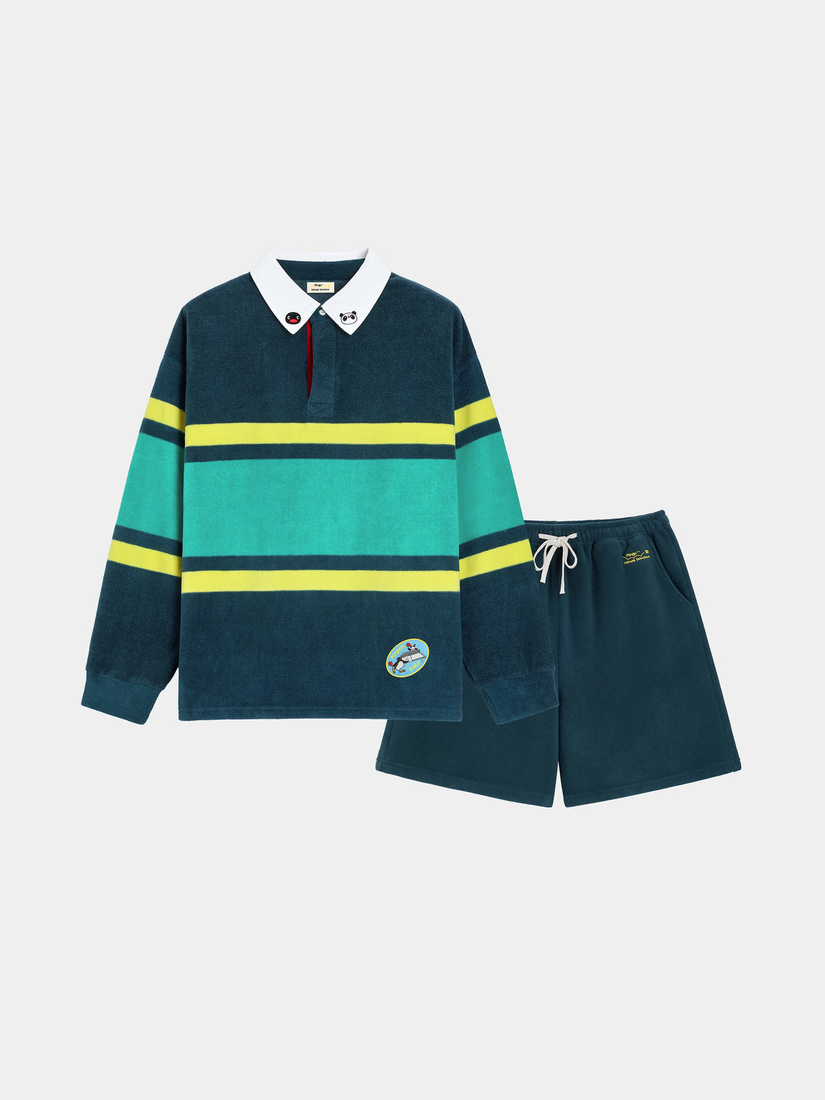PIN!POM! Fleece Polo Loungewear Set-Long Sleeve & Shorts-Yellow & Green Stripes