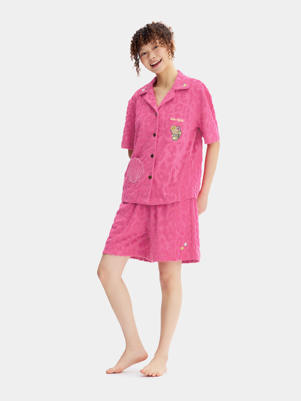 "Hello Kitty" Terry Loungewear Set Short Sleeve & Shorts – Hot Pink Leopard
