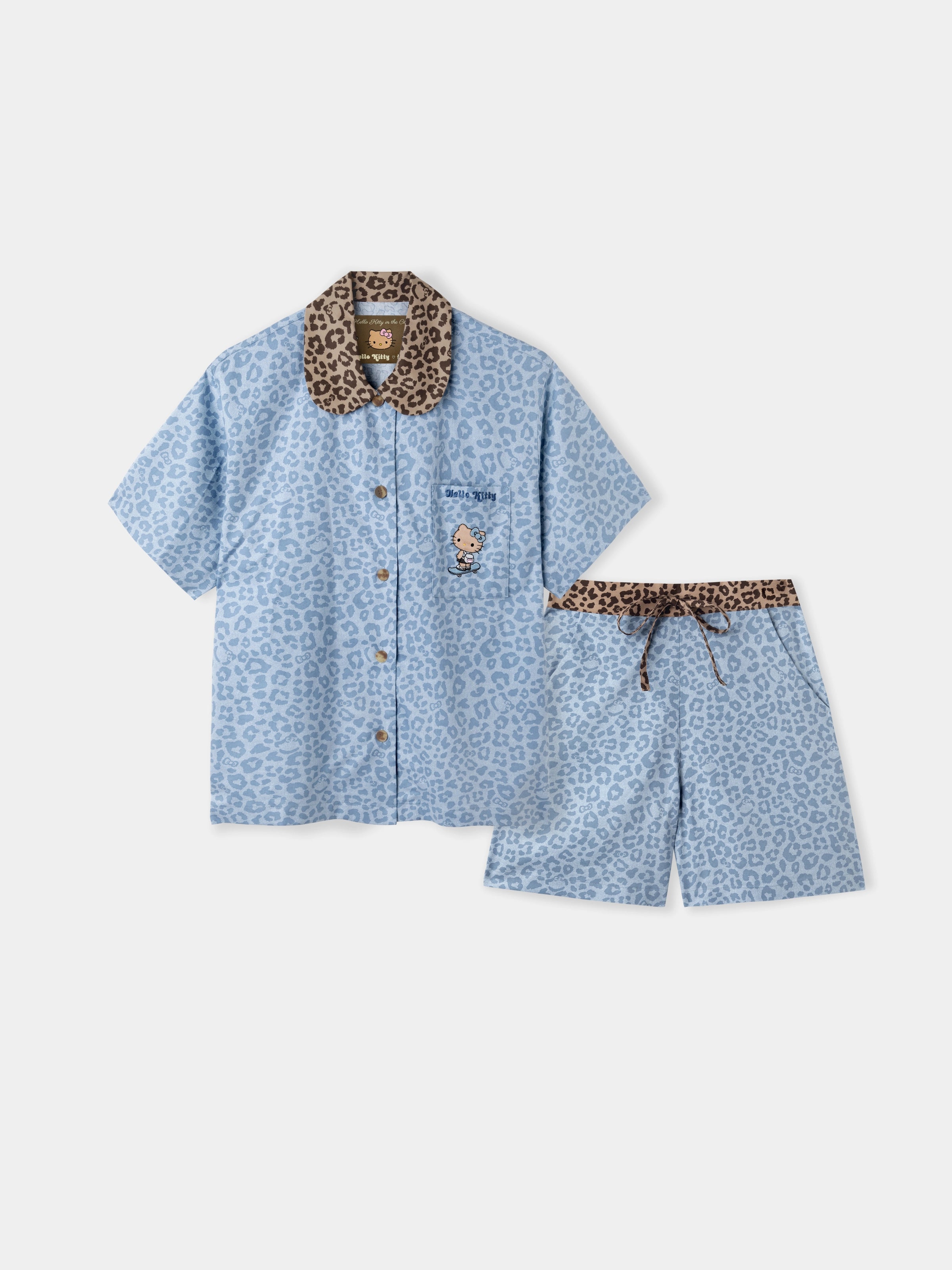 "Hello Kitty" Tencel Cotton Blend Short Sleeve Loungewear Set – Denim Leopard