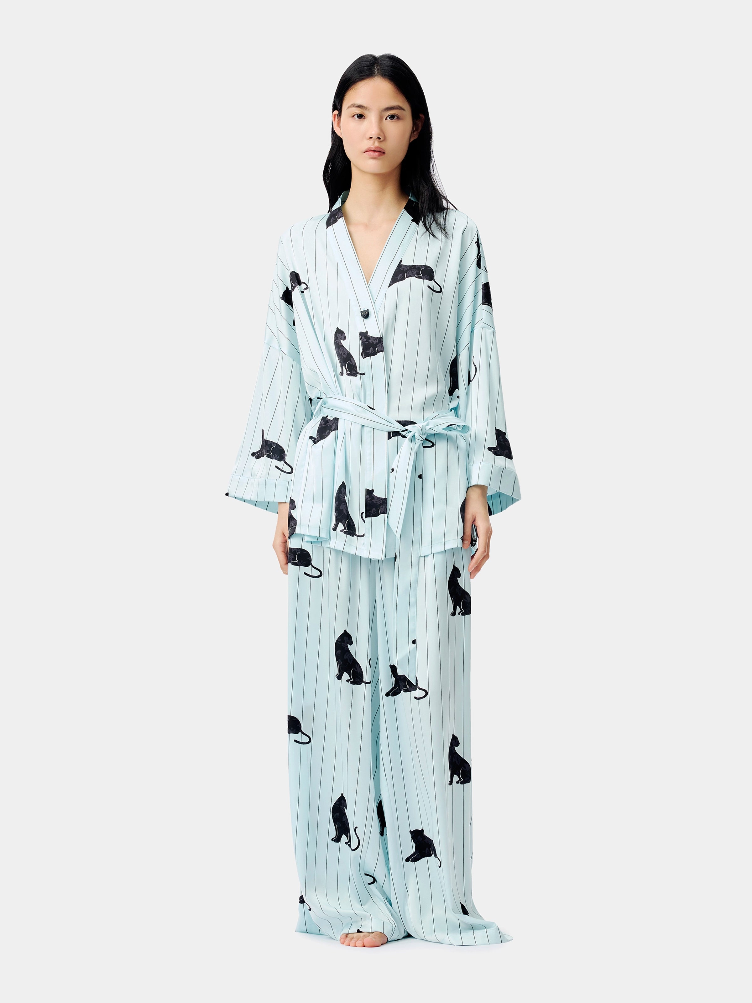 "Urban Jungle" Black Panther Satin Loungewear Set Robe & Pants – Mist Blue