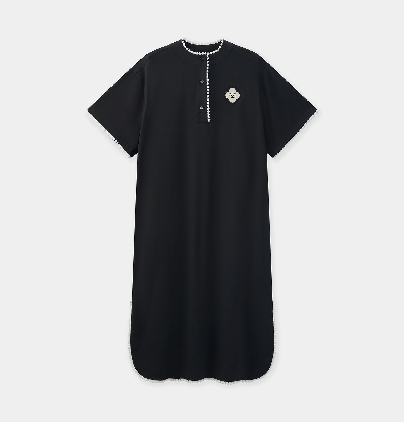 "Panda PomPom" Tencel Cotton Blend Crew Neck Short Sleeve Nightgown Black