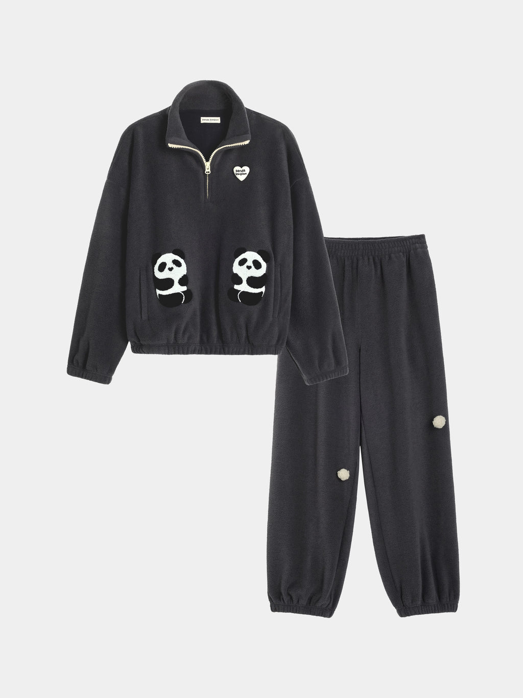 "panda pompom" Polar Fleece Pullover Loungewear Set Long Sleeve – Ink Black