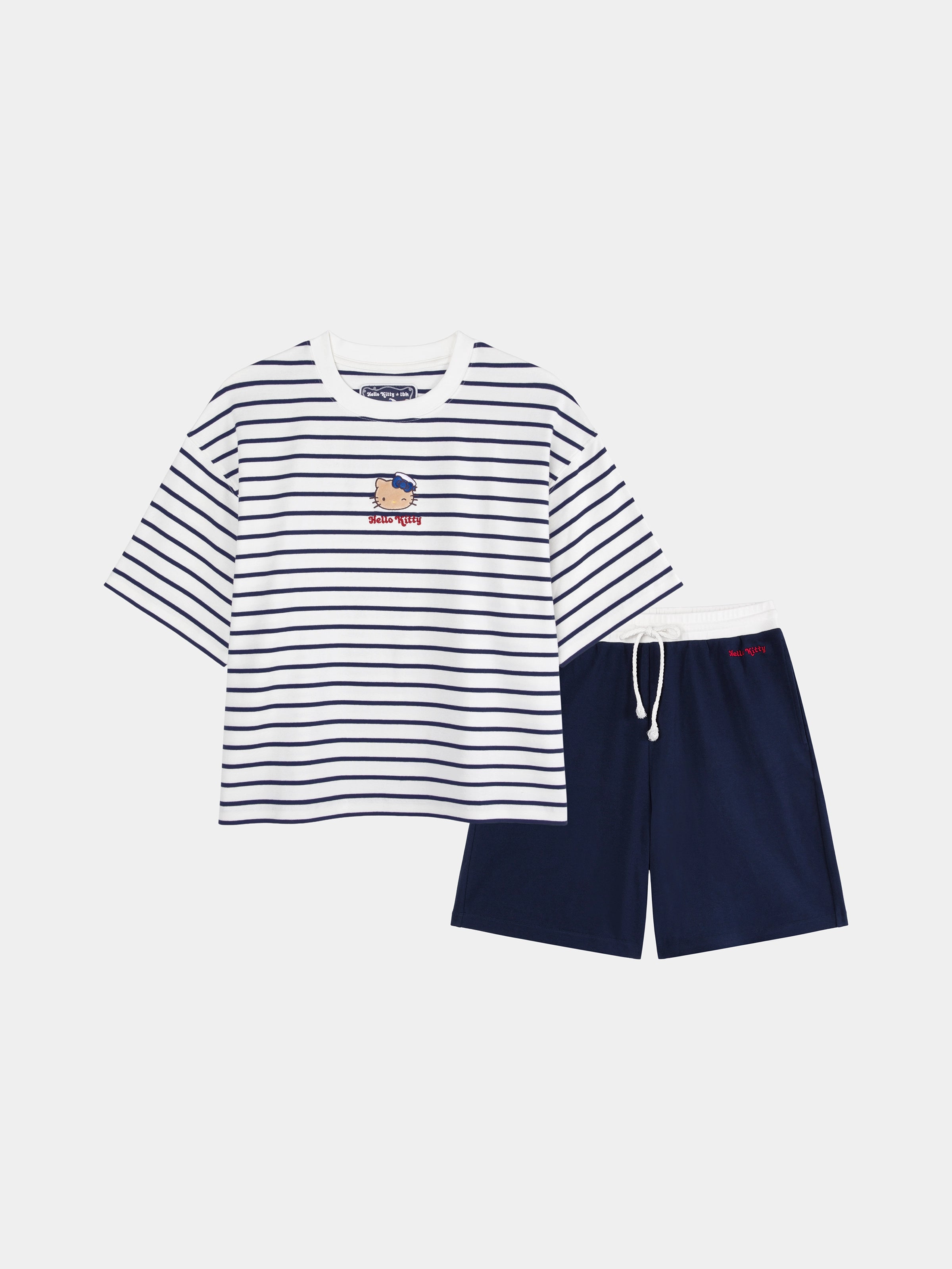 "Hello Kitty" Stretch Cotton Jersey Breton Stripe Loungewear Set Short Sleeve