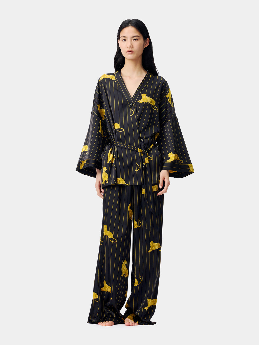 "Urban Jungle" Black Panther Satin Loungewear Set Robe & Pants – Dark Gold