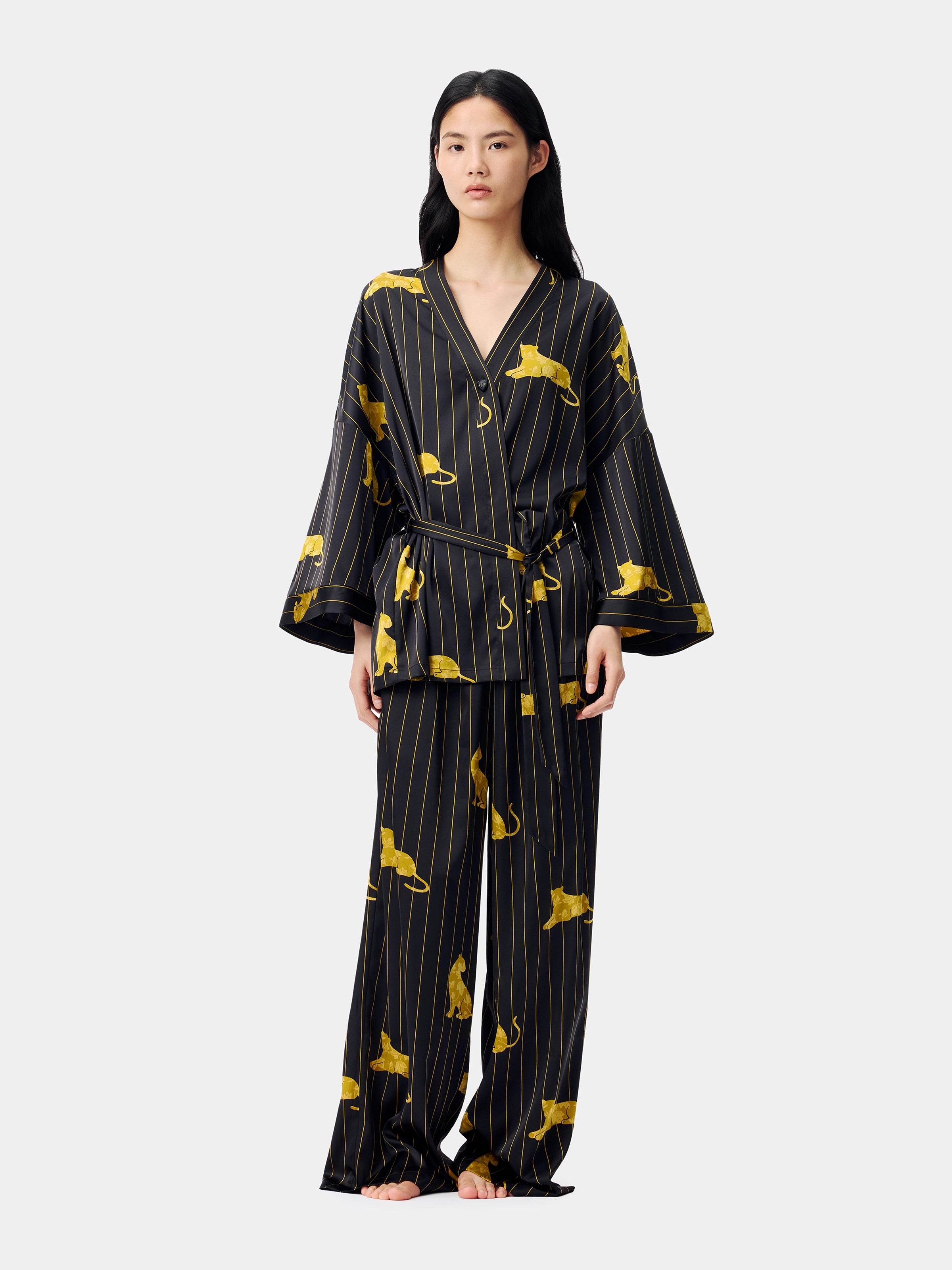 "Urban Jungle" Black Panther Satin Loungewear Set Robe & Pants – Dark Gold