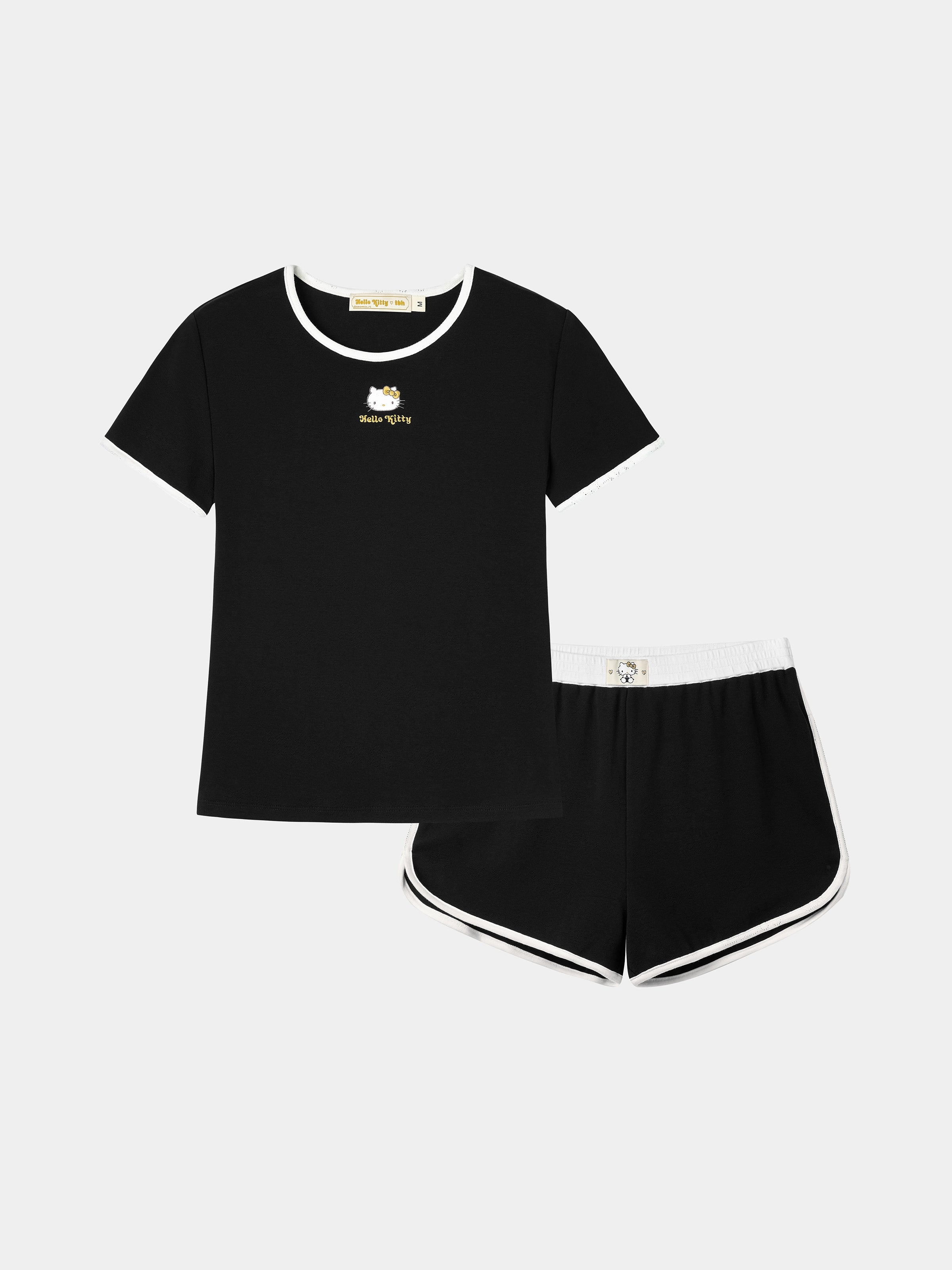 "Hello Kitty" Stretch Cotton Jersey Short Sleeve Loungewear Set – Classic Black