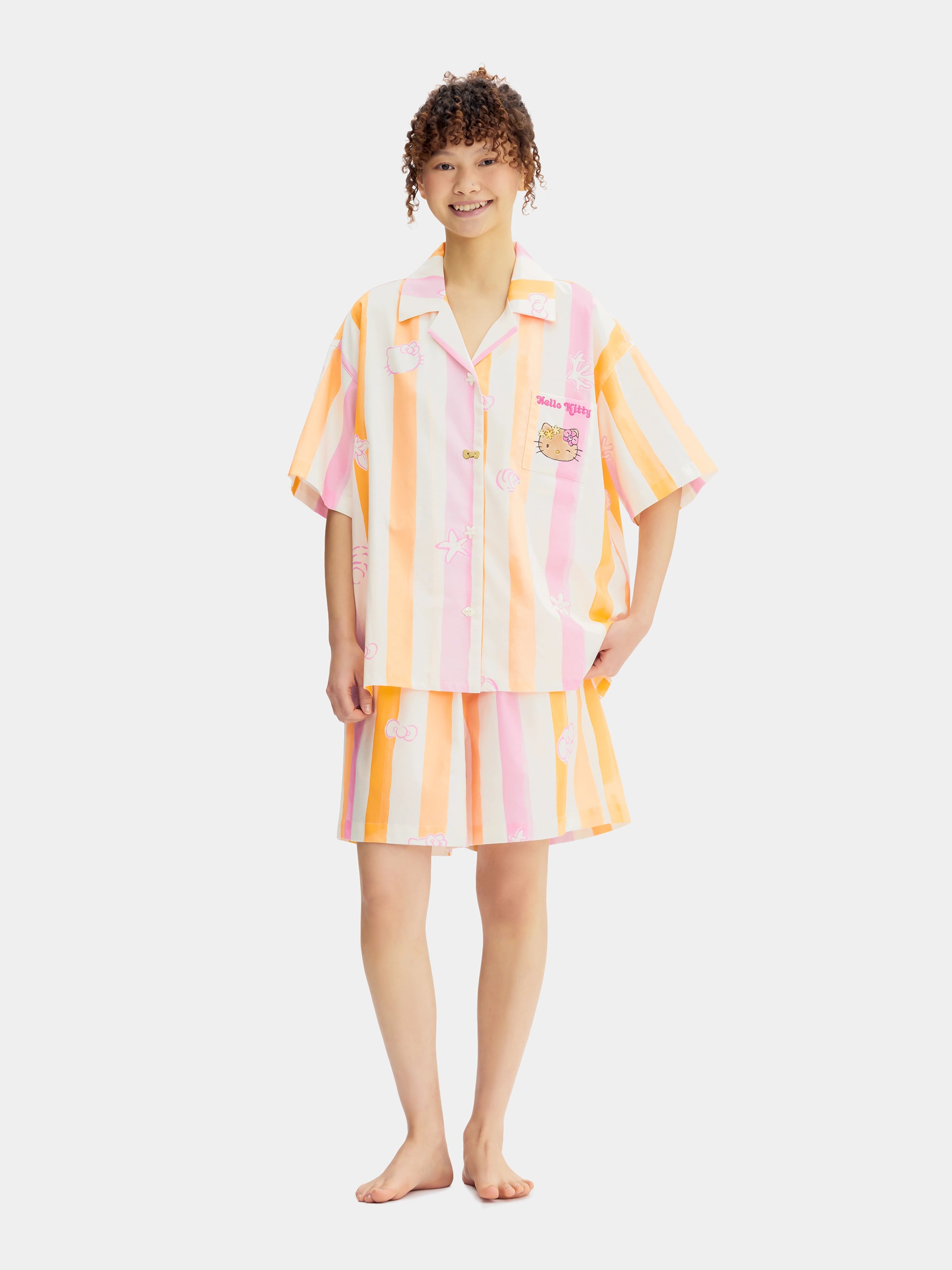 "Hello Kitty" Tencel Cotton Blend Loungewear Set Short Sleeve & Shorts – Coral Pink
