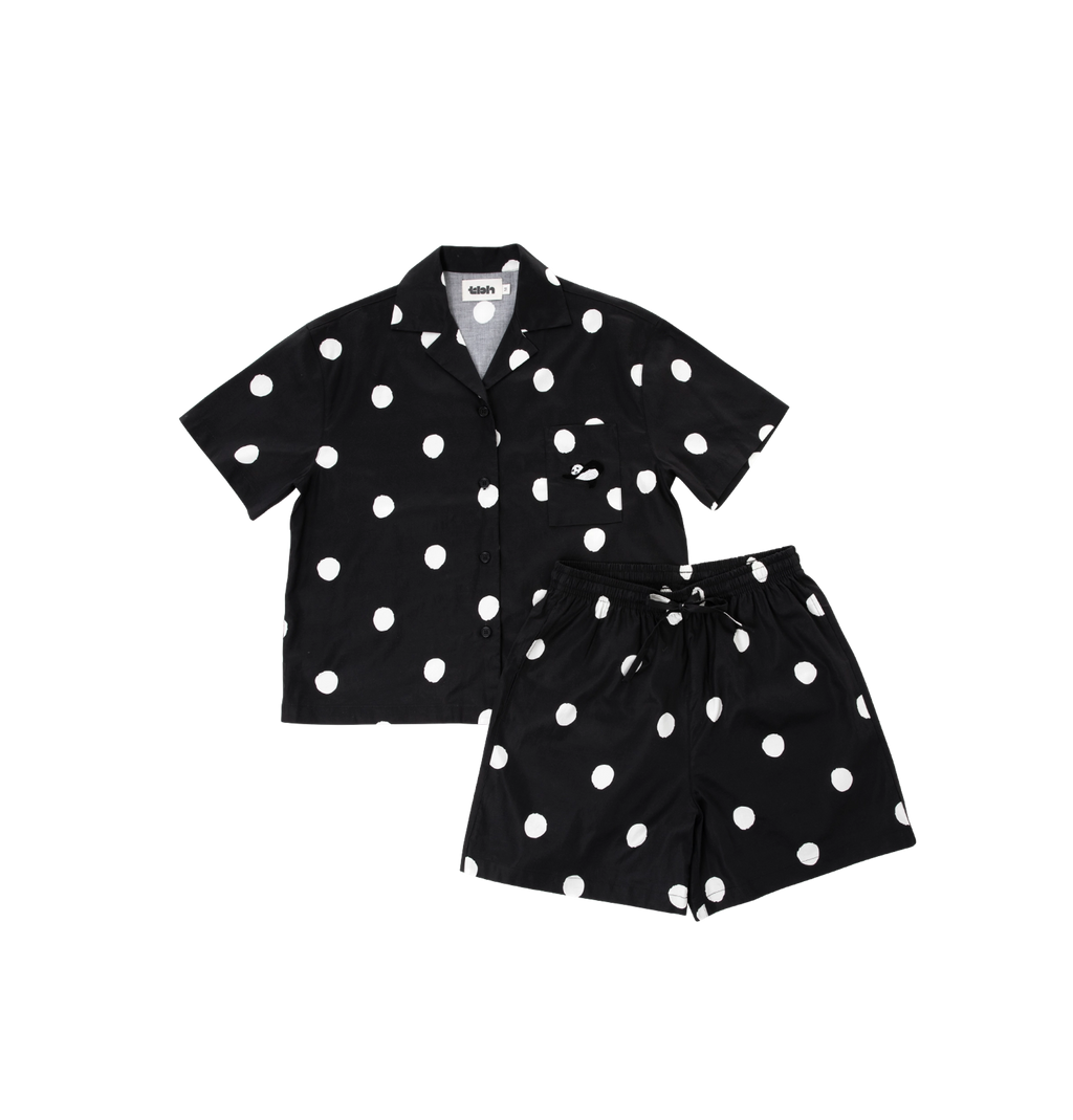 "Panda PomPom" Tencel Cotton Blend Short Sleeve Loungewear Set White Polka Dot