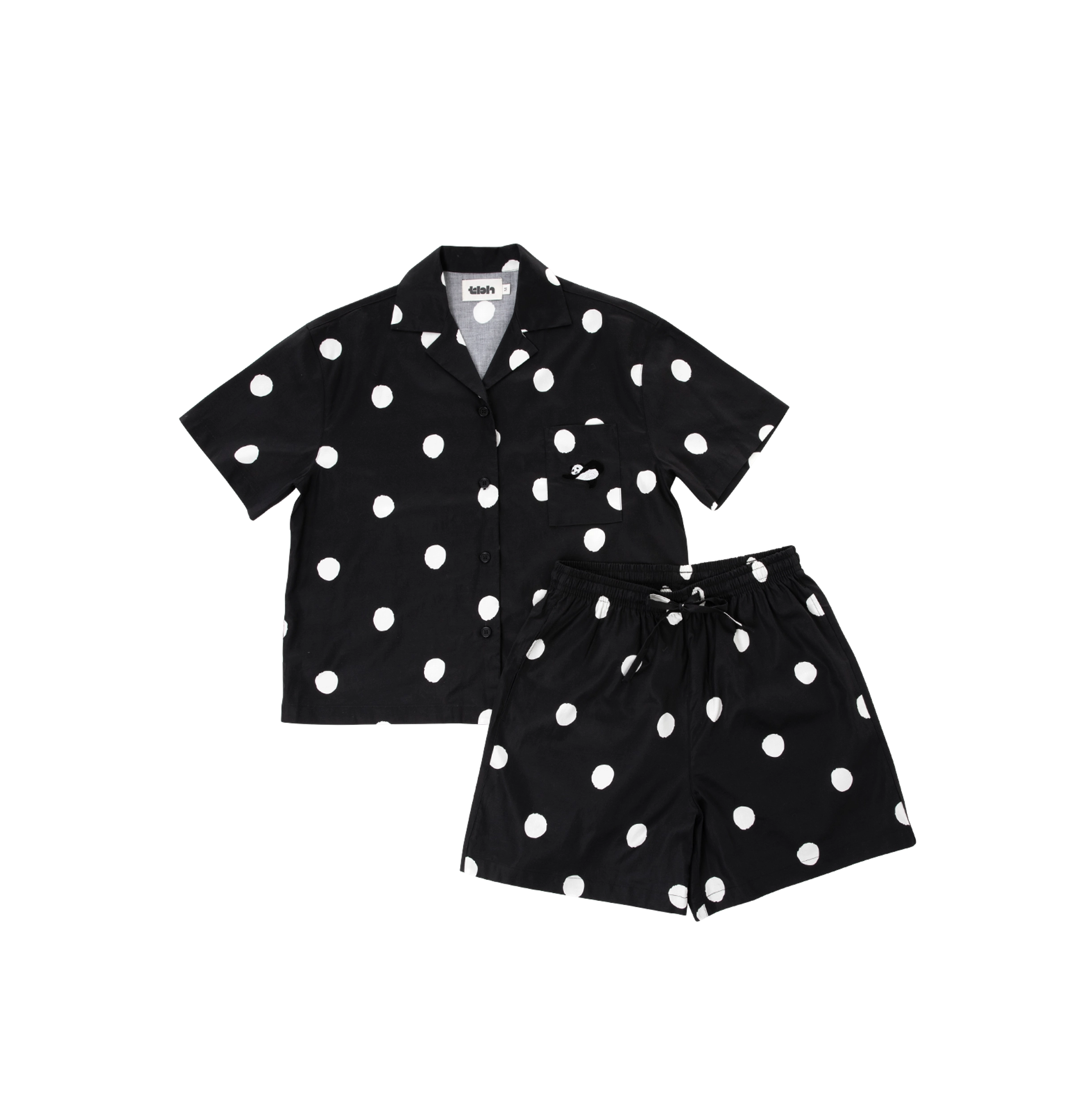 "Panda PomPom" Tencel Cotton Blend Short Sleeve Loungewear Set White Polka Dot