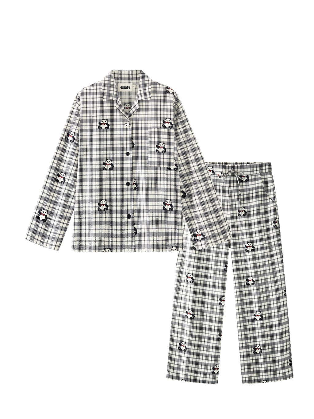 "Panda PomPom" Tencel Cotton Blend Loungewear Set – Black Grid