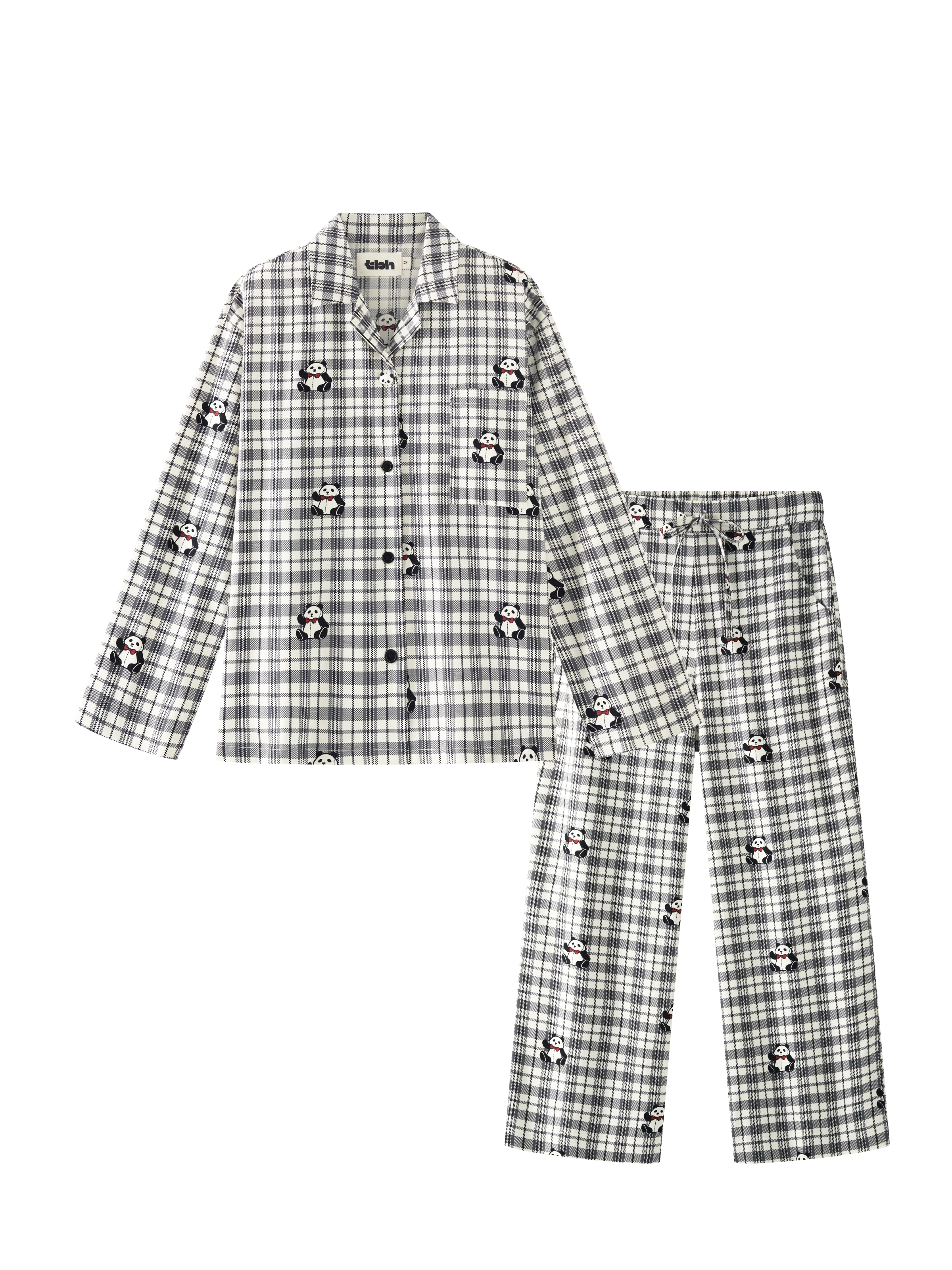 "Panda PomPom" Tencel Cotton Blend Loungewear Set – Black Grid