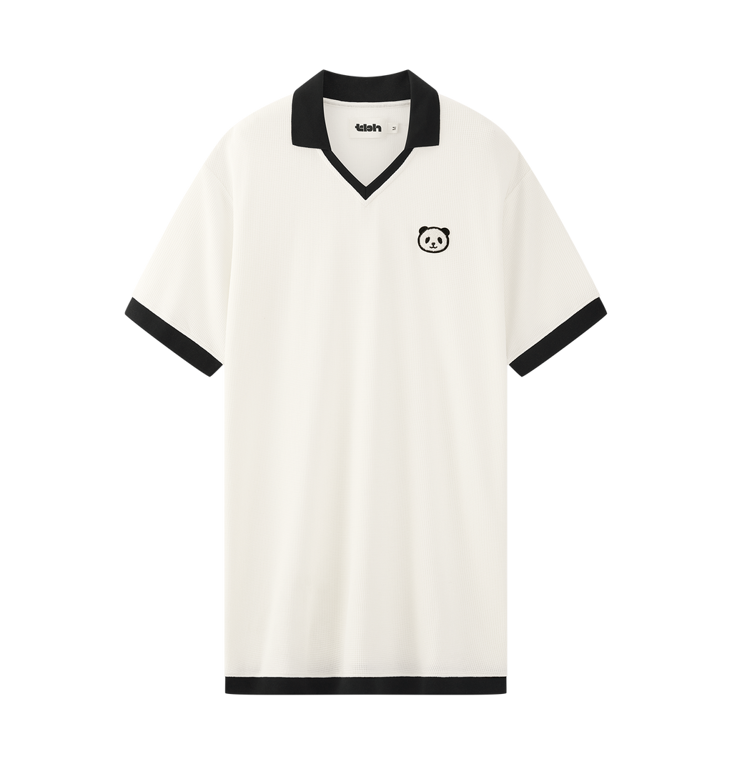 "Panda PomPom" Waffle Checks Polo Collar Nightgown – Cream White