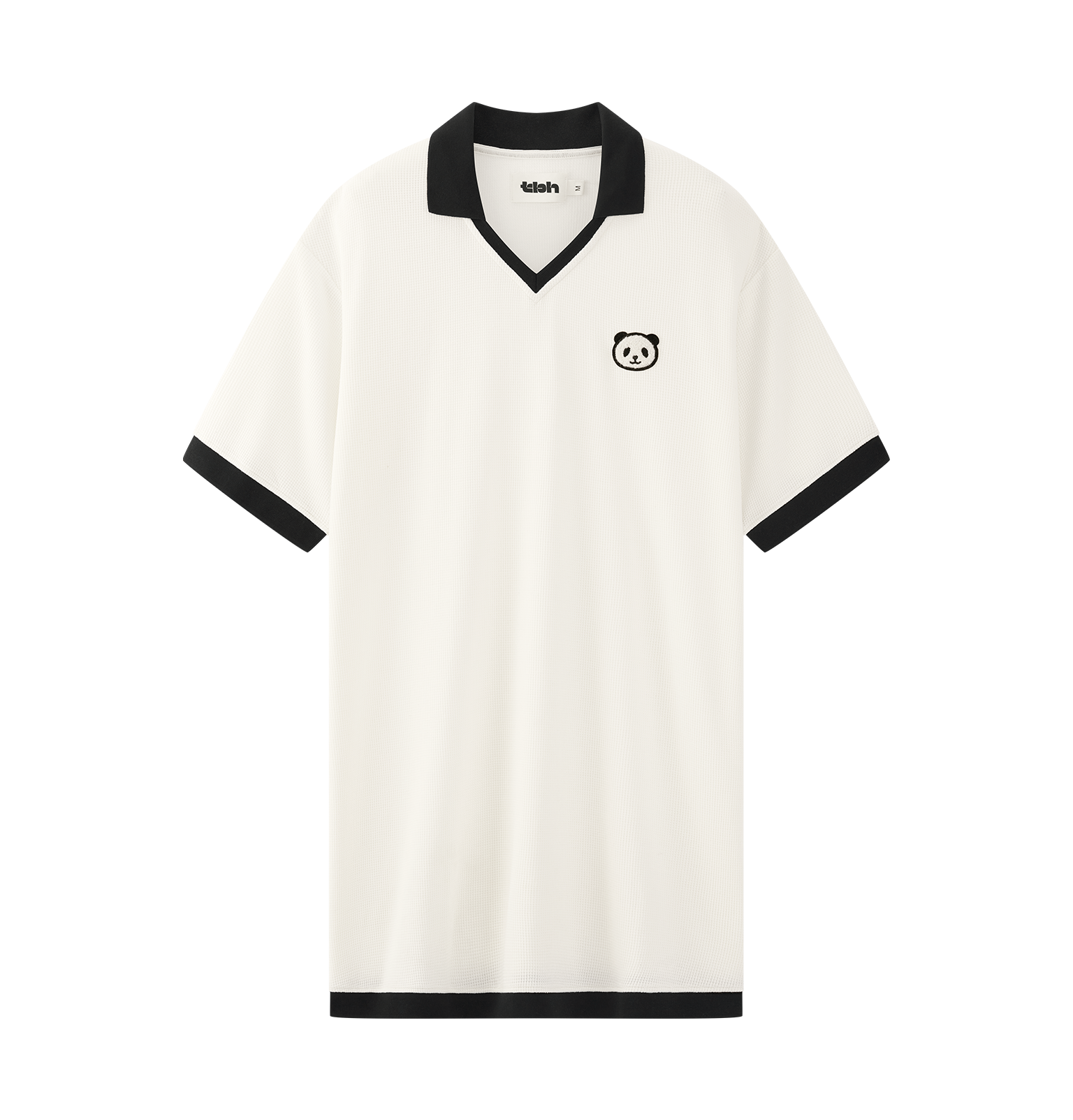 "Panda PomPom" Waffle Checks Polo Collar Nightgown – Cream White