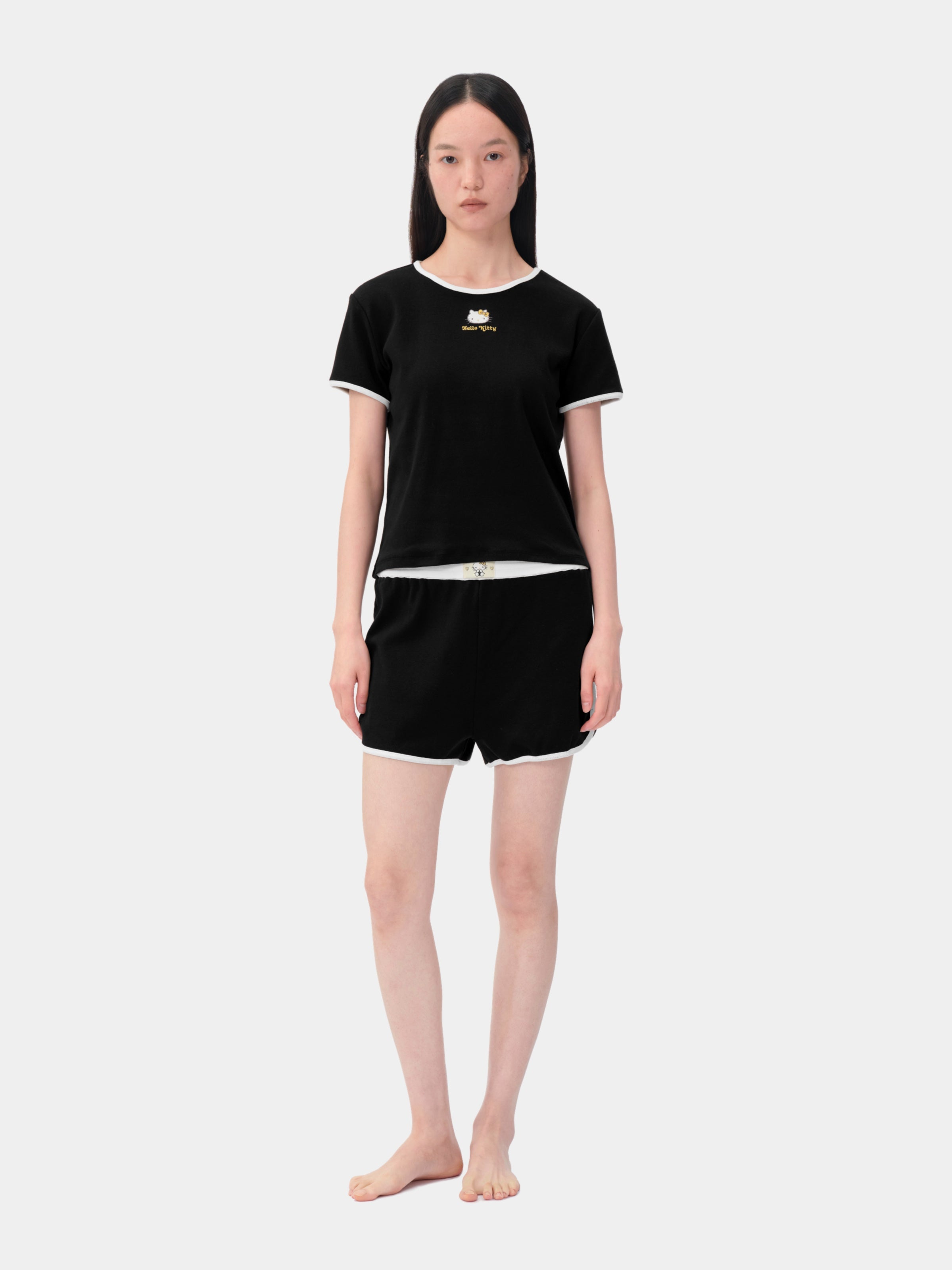 "Hello Kitty" Stretch Cotton Jersey Short Sleeve Loungewear Set – Classic Black