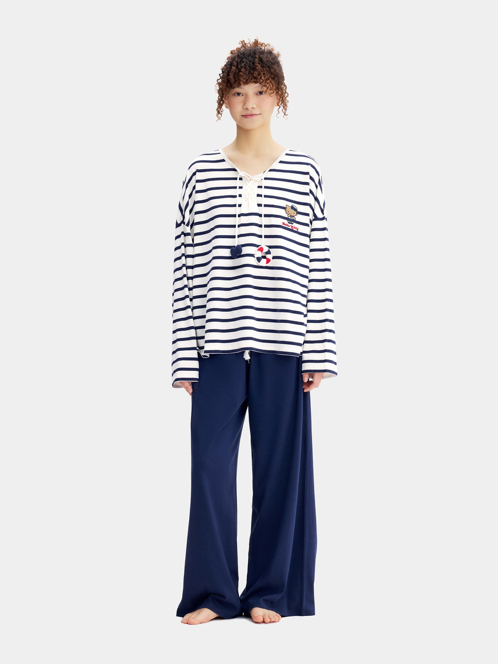 "Hello Kitty" Jersey Breton Stripe Loungewear Set Long Sleeve – Blue & White