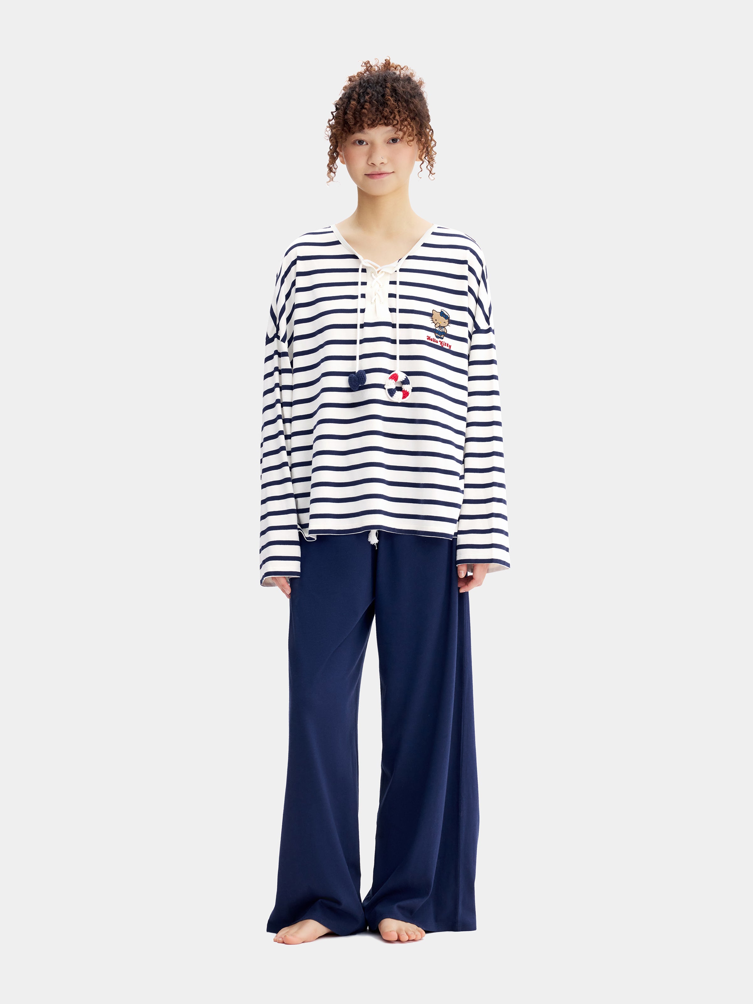 "Hello Kitty" Jersey Breton Stripe Loungewear Set Long Sleeve – Blue & White