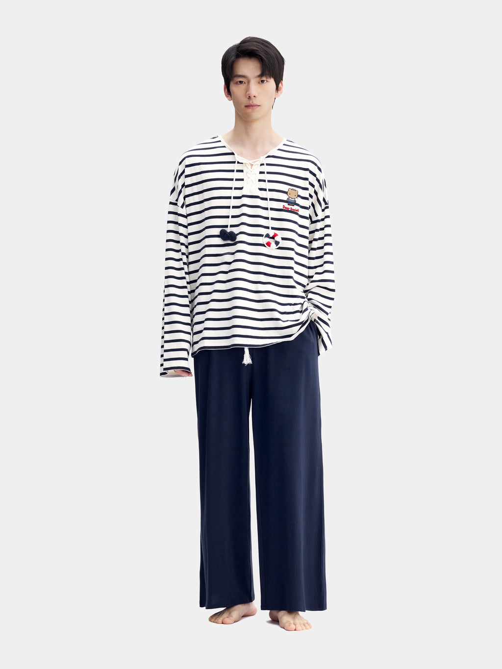 "Dear Daniel" Jersey Breton Stripe Loungewear Set Long Sleeve – Blue & White