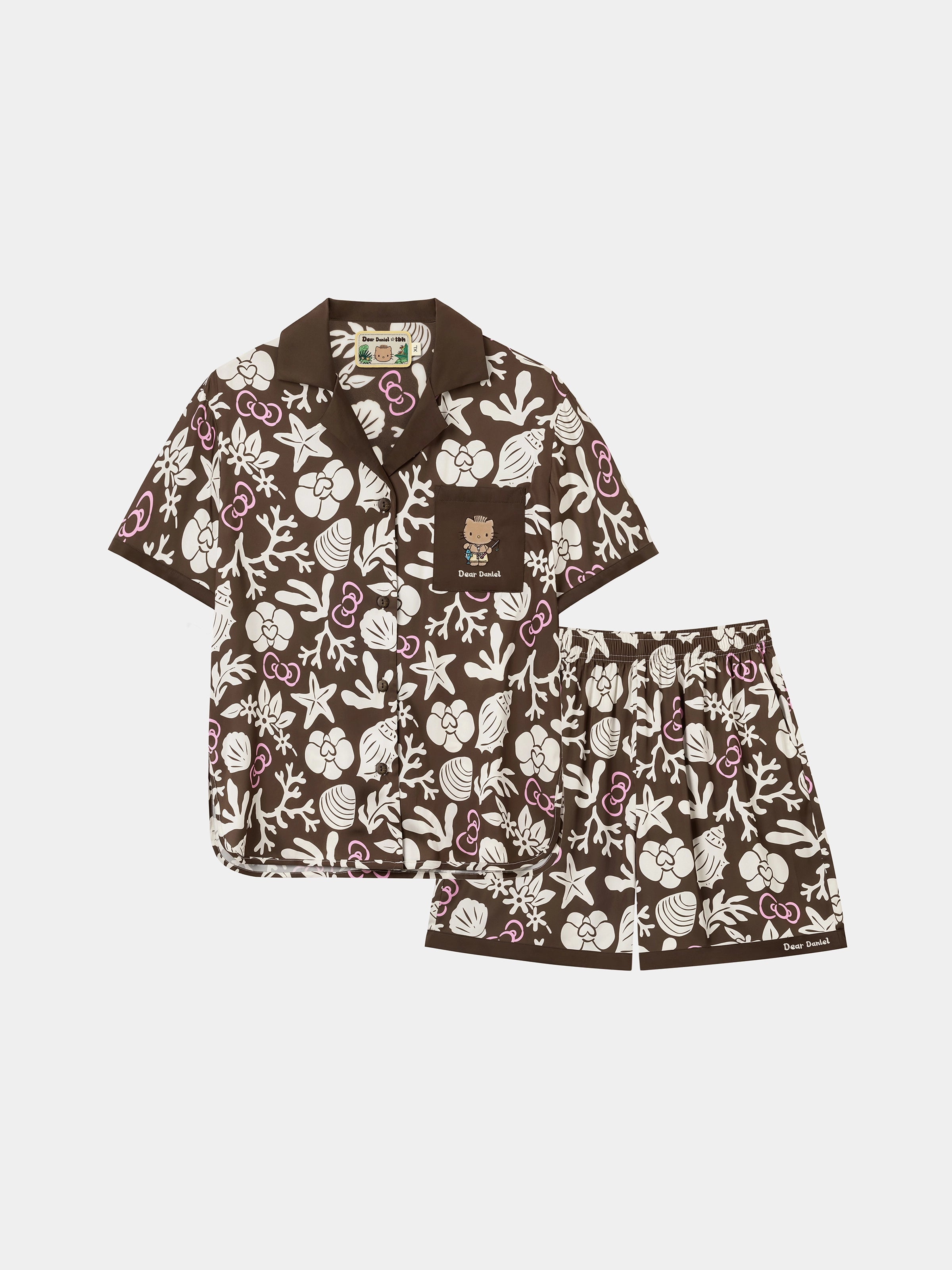 "Dear Daniel" Satin Loungewear Set Short Sleeve & Shorts – Coconut Brown