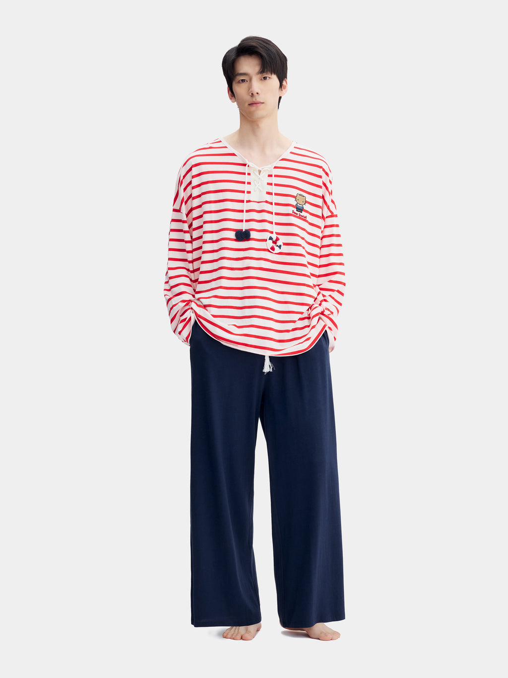 "Dear Daniel" Jersey Breton Stripe Loungewear Set Long Sleeve – Red & White