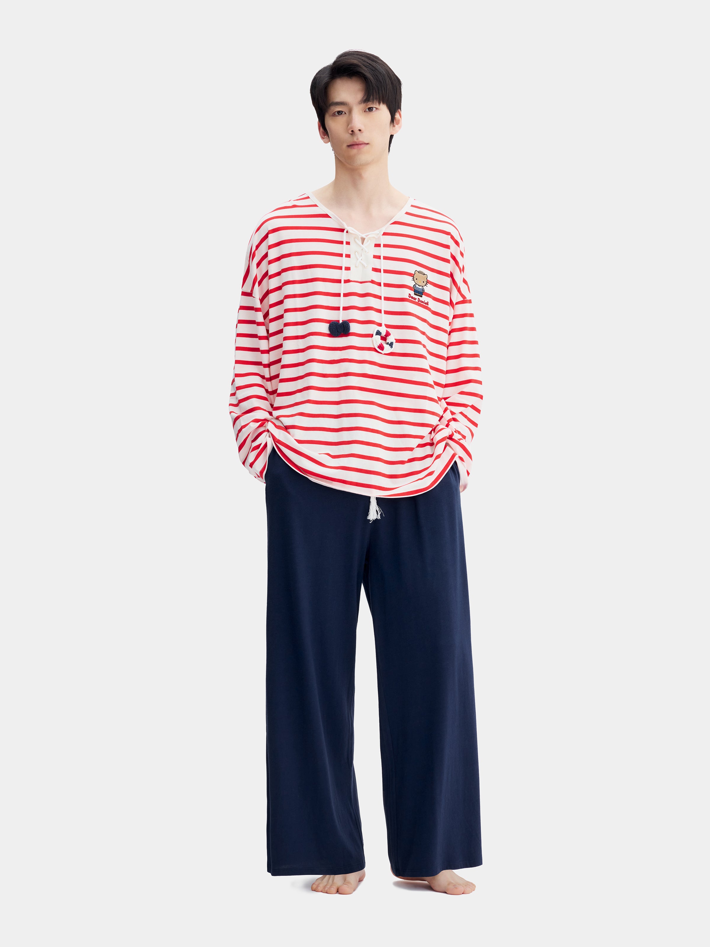 "Dear Daniel" Jersey Breton Stripe Loungewear Set Long Sleeve – Red & White