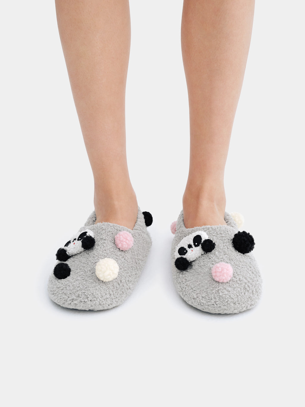 "panda pompom" Fluffy Slippers – Grey