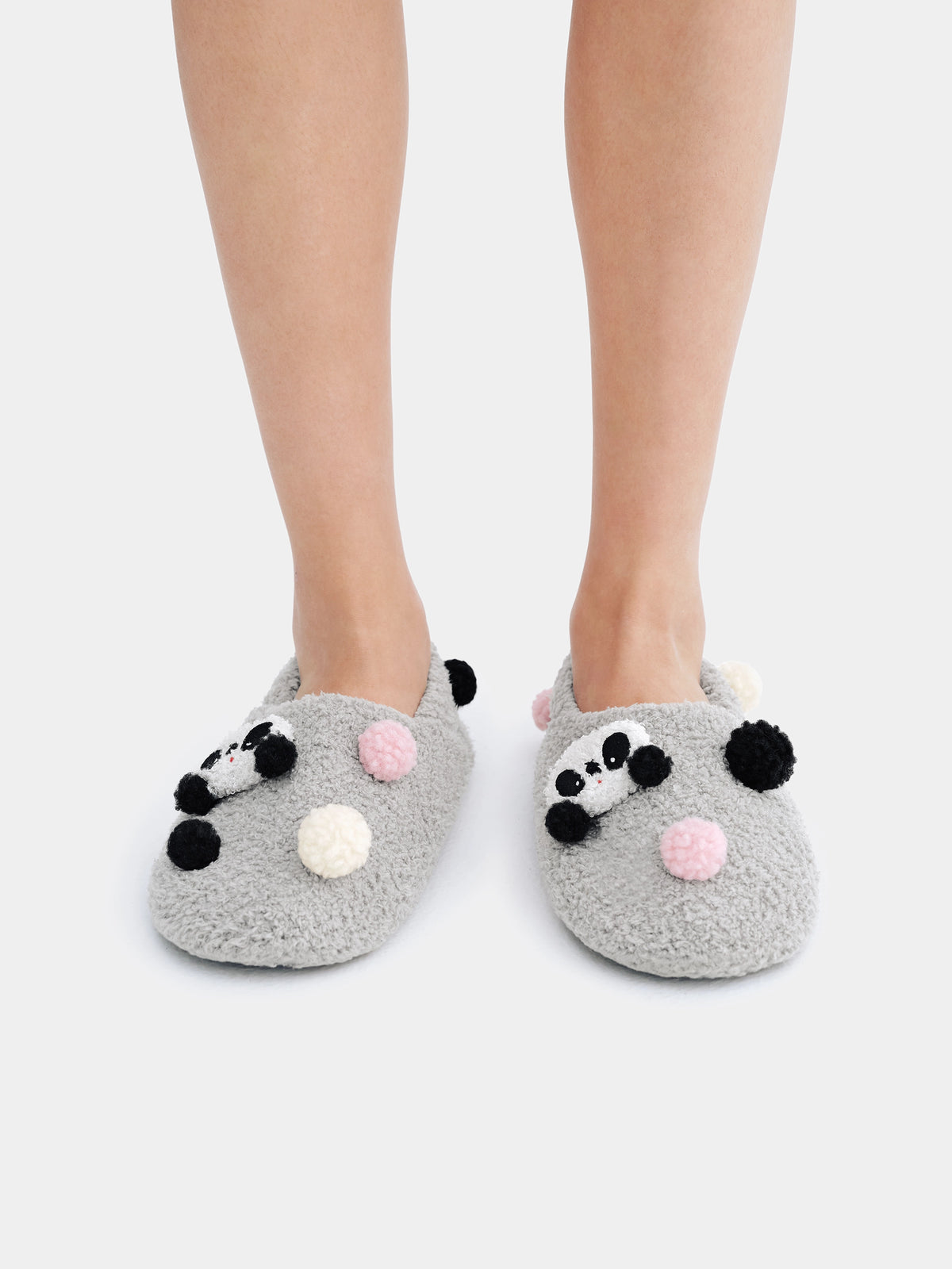 "panda pompom" Fluffy Slippers – Grey