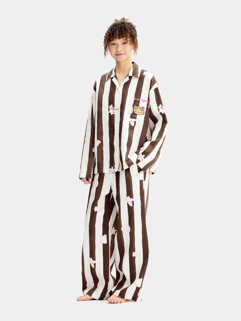"Hello Kitty" Tencel Cotton Blend Loungewear Set Long Sleeve – Coconut Brown