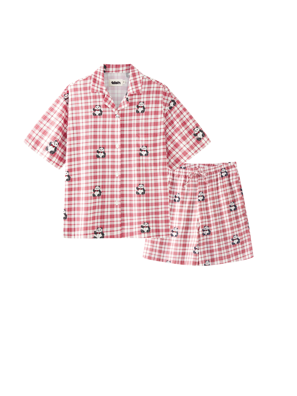 "Panda PomPom" Tencel Cotton Blend Short Sleeve Loungewear Set – Red Grid