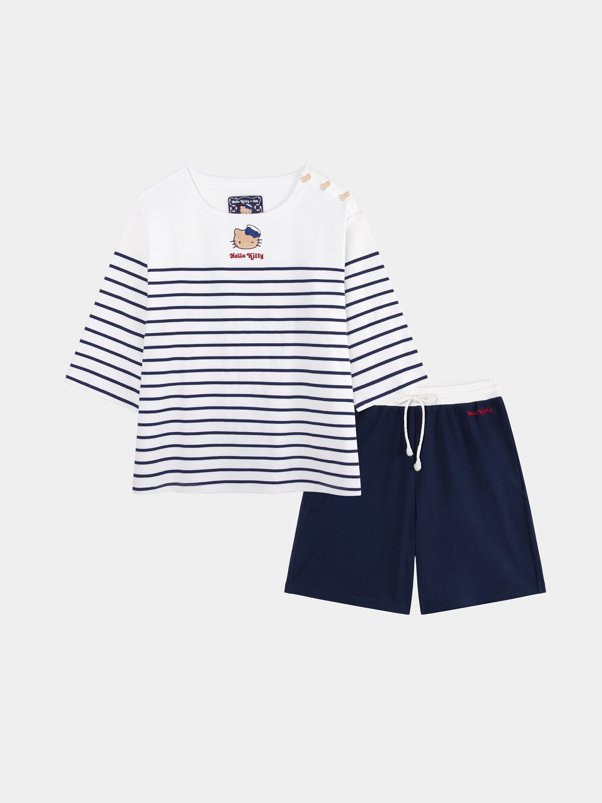 "Hello Kitty" Stretch Cotton Jersey Breton Stripe Loungewear Set Boat Neck Short Sleeve