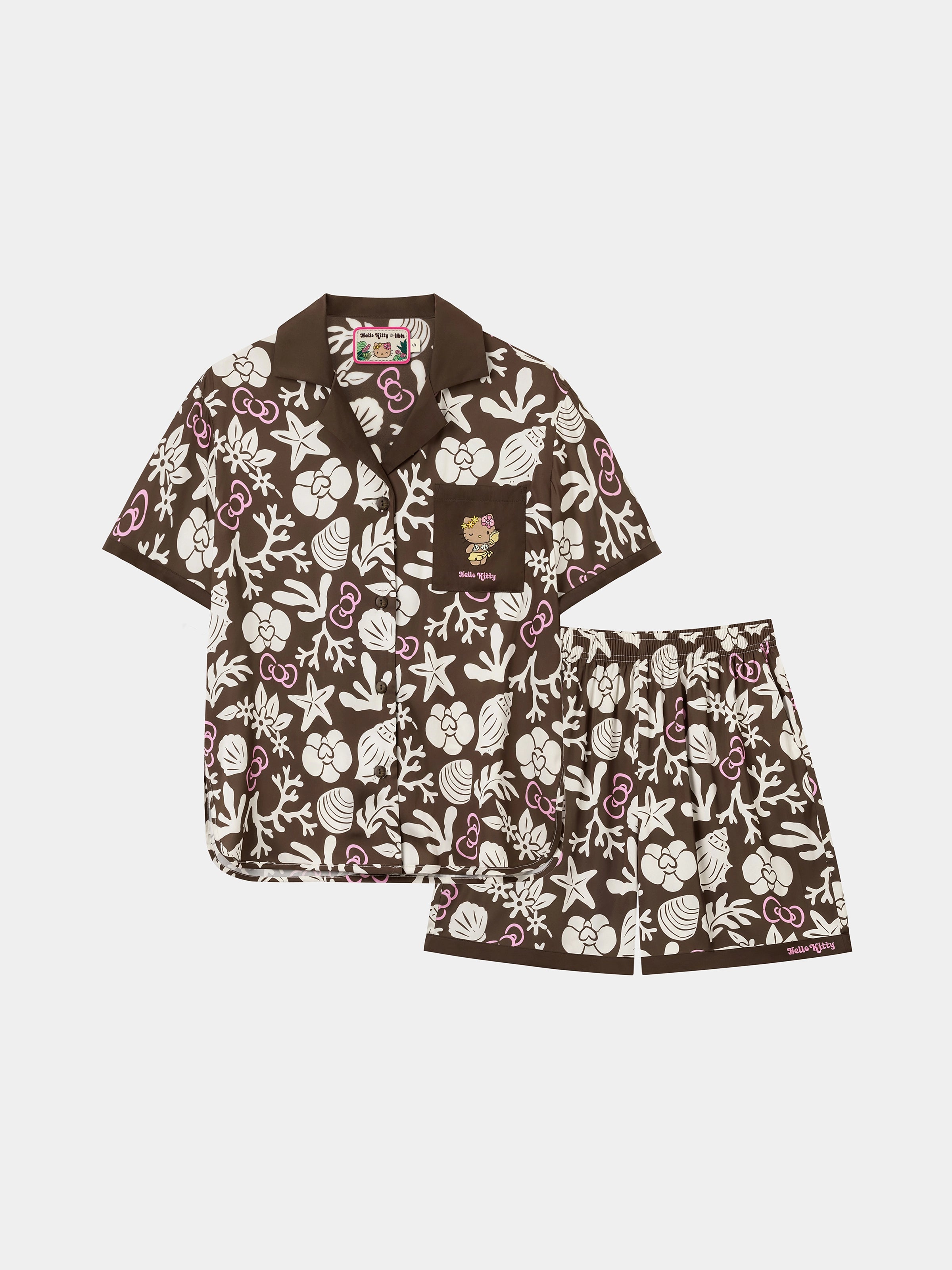 "Hello Kitty" Satin Loungewear Set Short Sleeve & Shorts – Coconut Brown