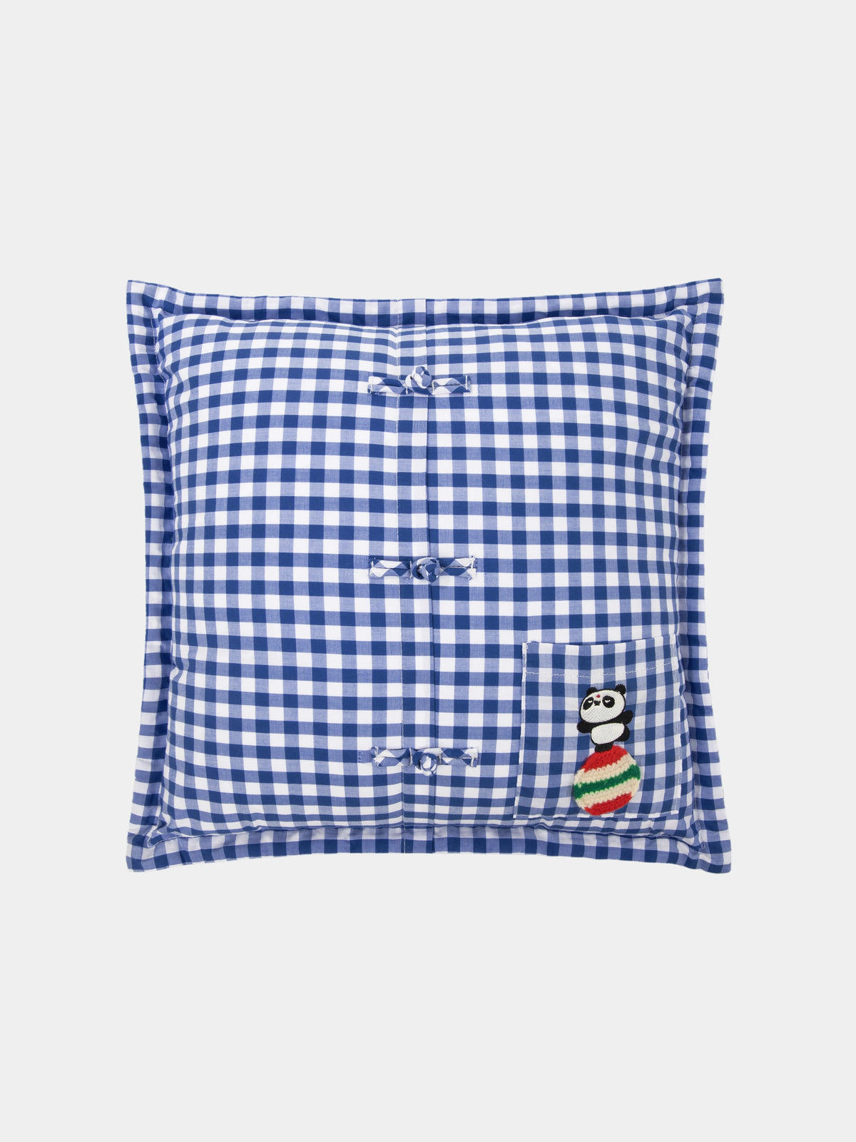 "panda pompom" Pankou Cushion – Blue Gingham