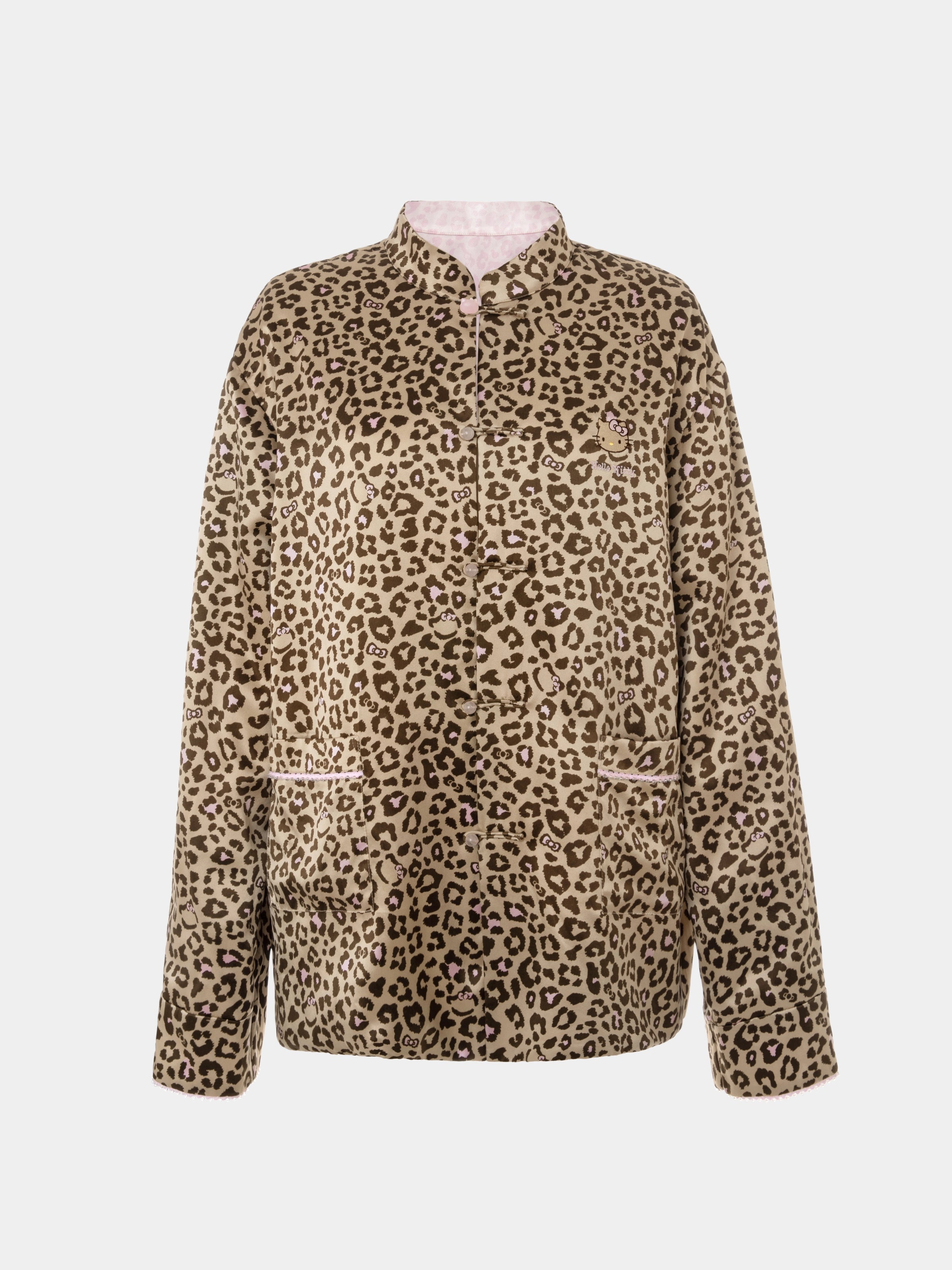 "Hello Kitty" Premium Heavy Mulberry Silk Chinese-Style Reversible Quilted Jacket – Leopard