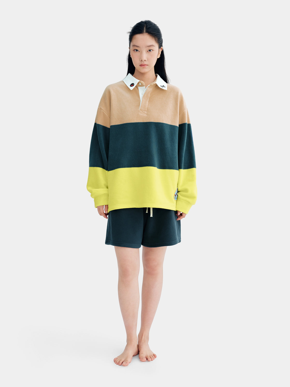 ชุดลำลองเสื้อโปโลผ้าฟลีซ PIN!POM! - แขนยาวและกางเกงขาสั้น - ลายทางสีเหลืองและน้ำตาล