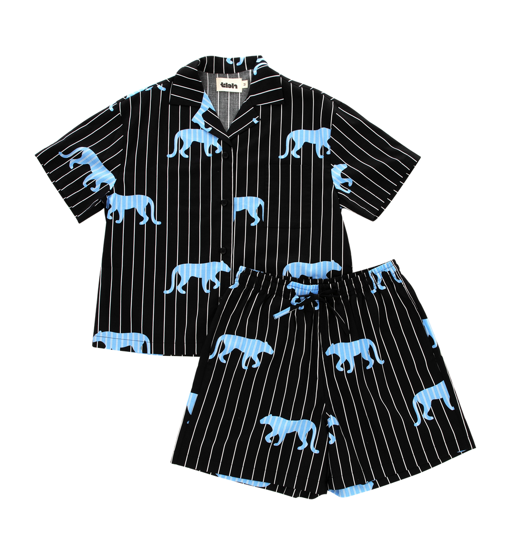 “Z” Tencel Cotton Blend Stripe Short Sleeve Loungewear Set Black Panther