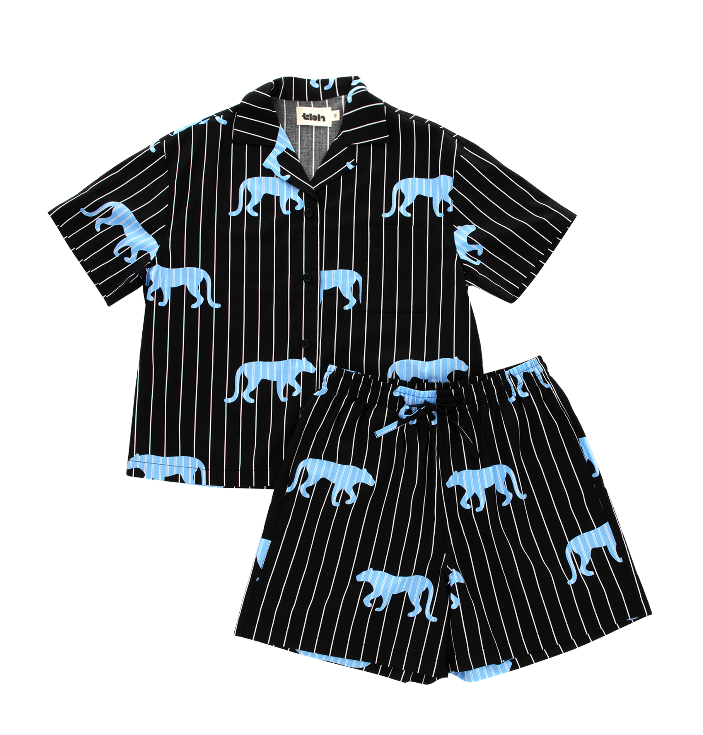 “Z” Tencel Cotton Blend Stripe Short Sleeve Loungewear Set Black Panther