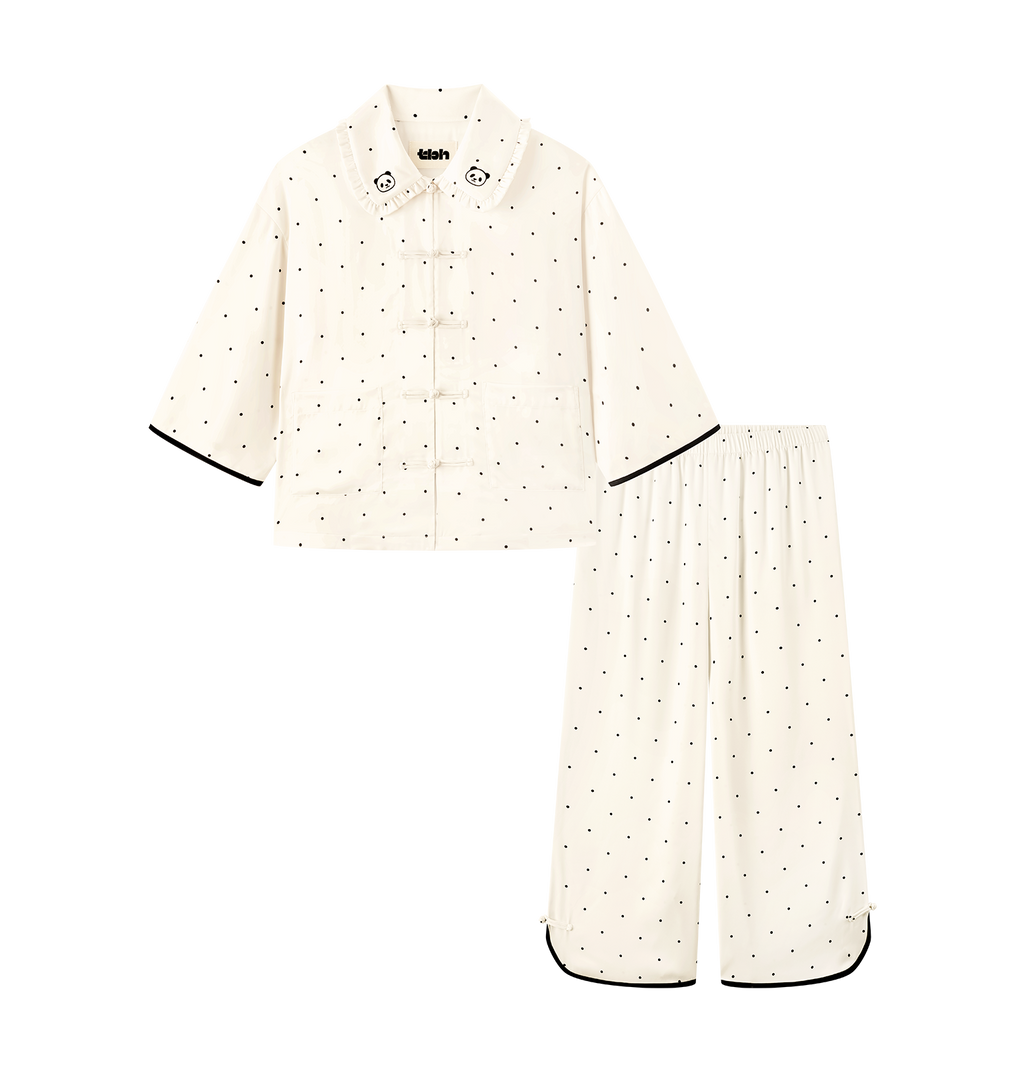 "Panda PomPom" Chinese-Style Satin Loungewear Set – White Polka Dot