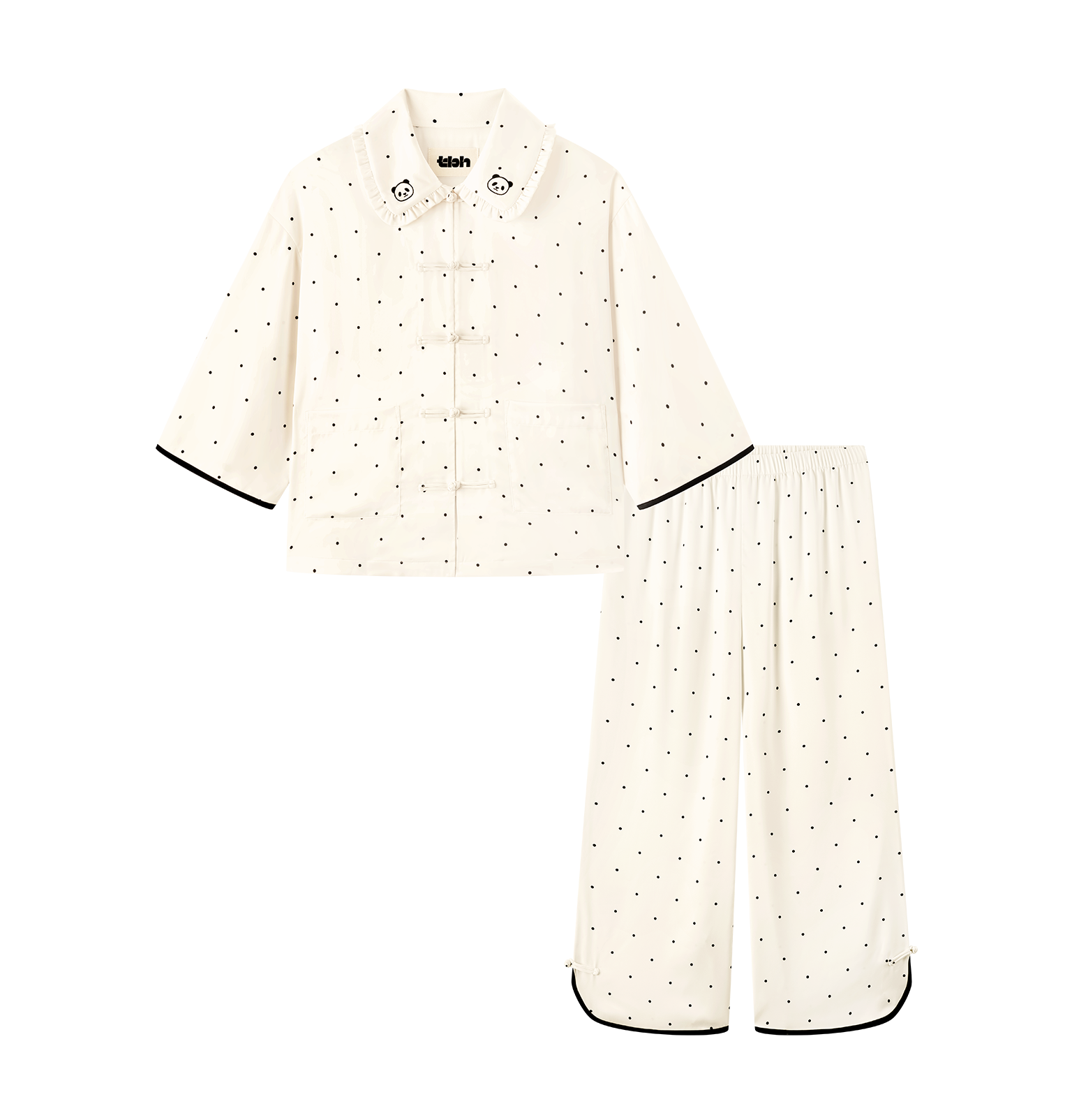 "Panda PomPom" Chinese-Style Satin Loungewear Set – White Polka Dot