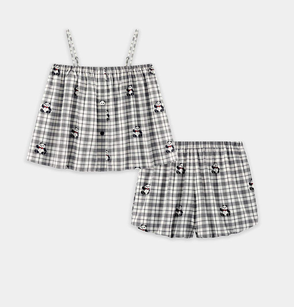 "Panda PomPom" Tencel Cotton Blend Spaghetti Strap Top & Shorts Pajama Set – Black Grid
