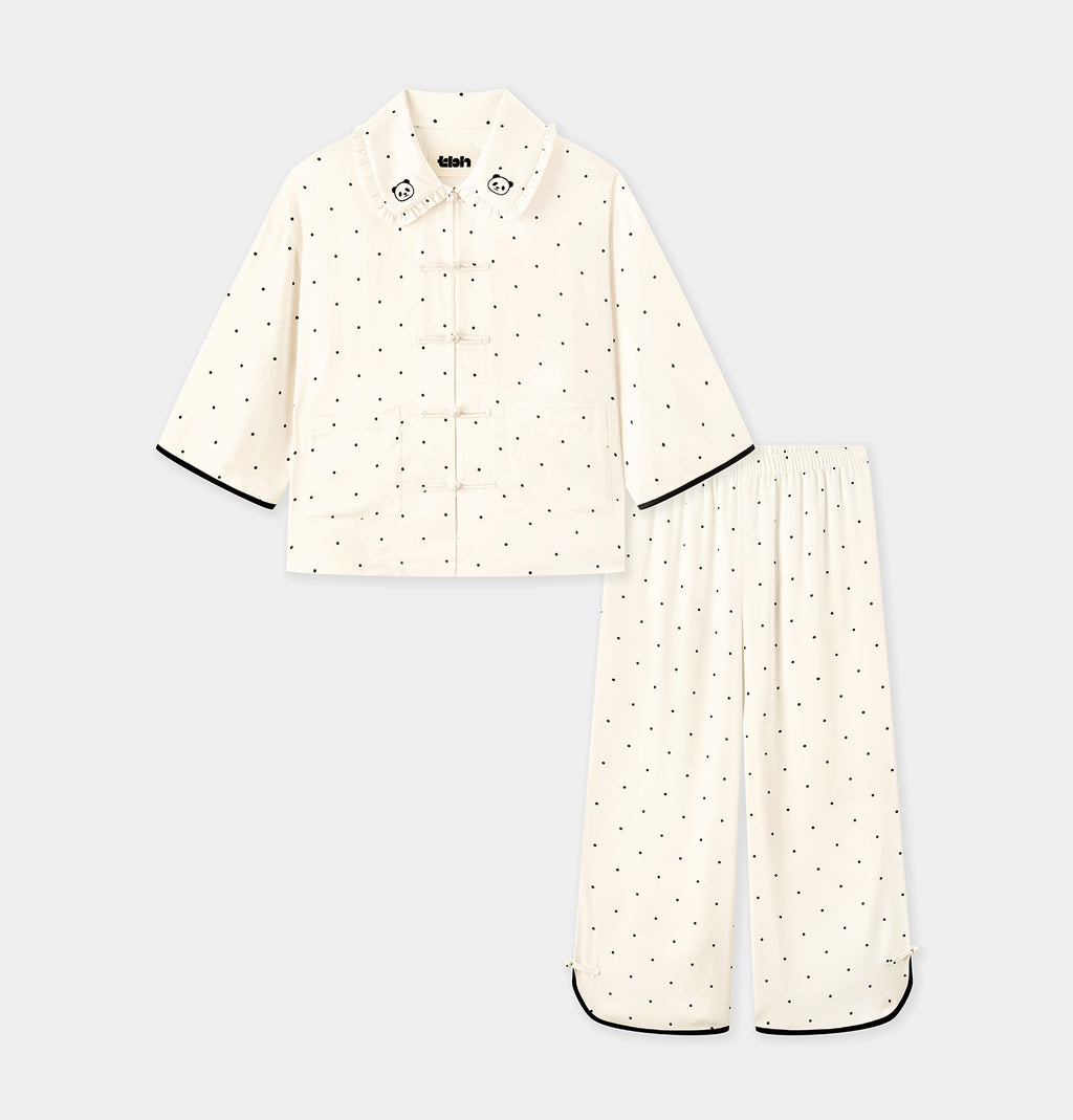 "Panda PomPom" Chinese-Style Satin Loungewear Set – White Polka Dot