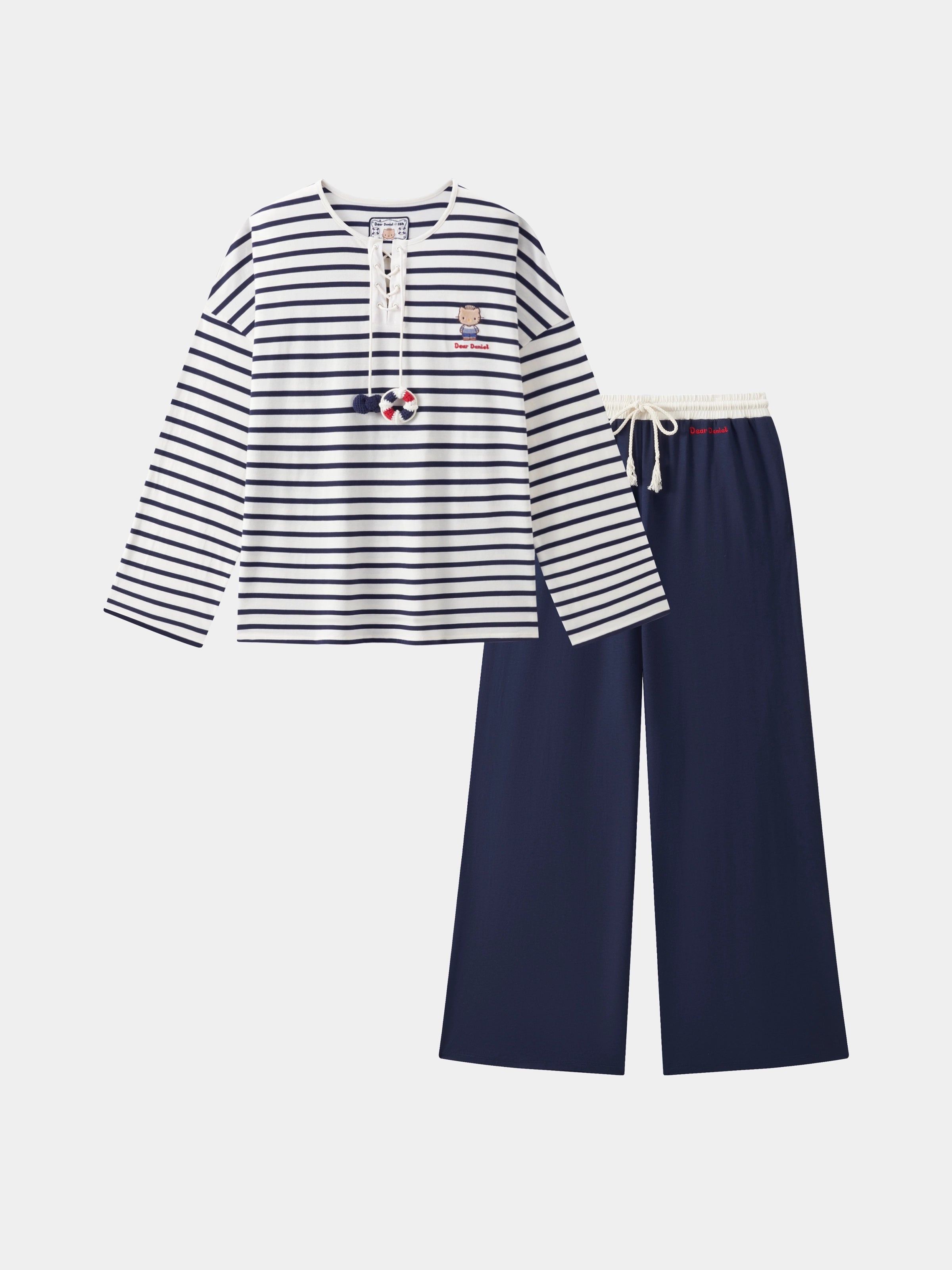 "Dear Daniel" Jersey Breton Stripe Loungewear Set Long Sleeve – Blue & White