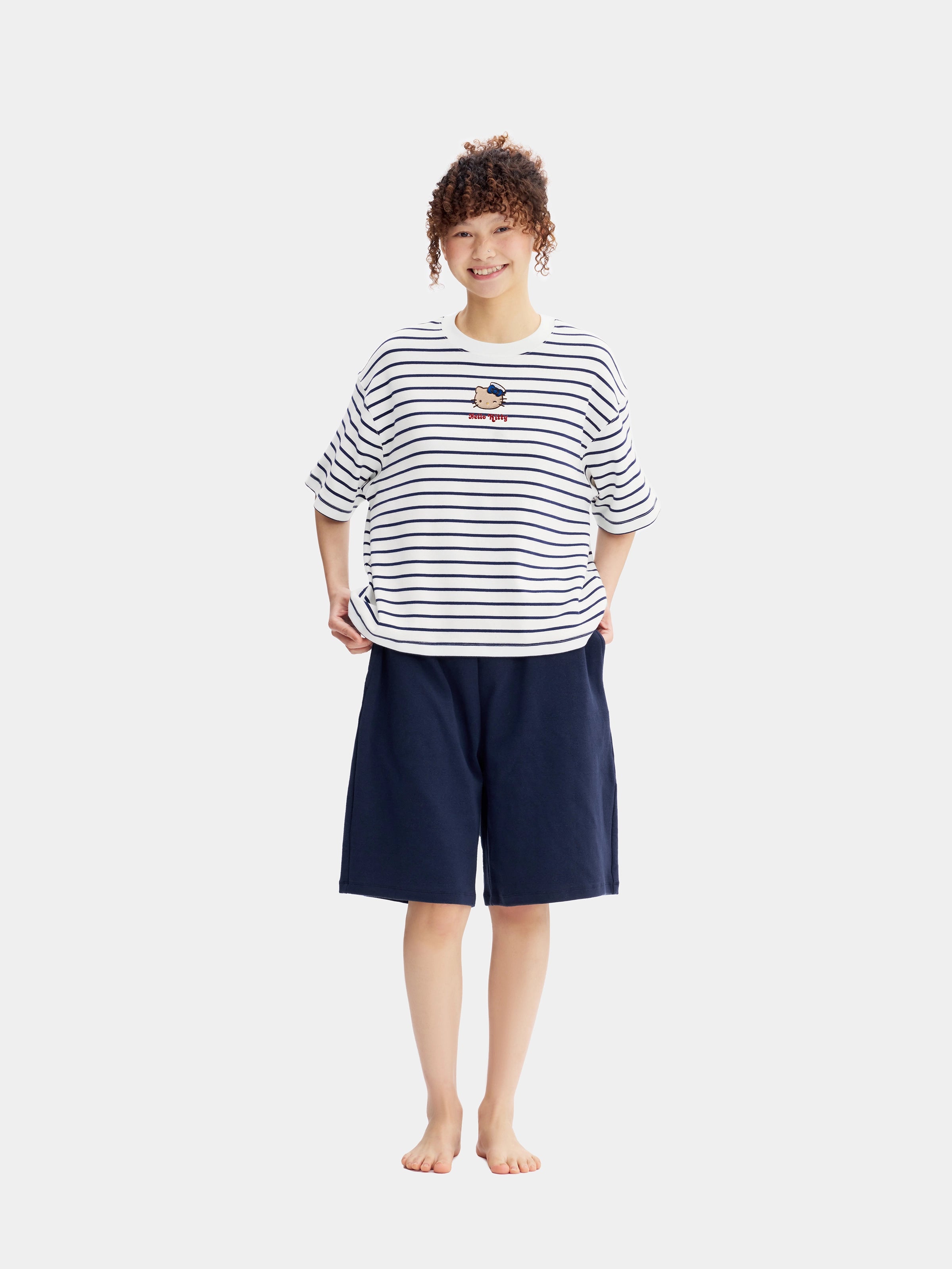 "Hello Kitty" Stretch Cotton Jersey Breton Stripe Loungewear Set Short Sleeve