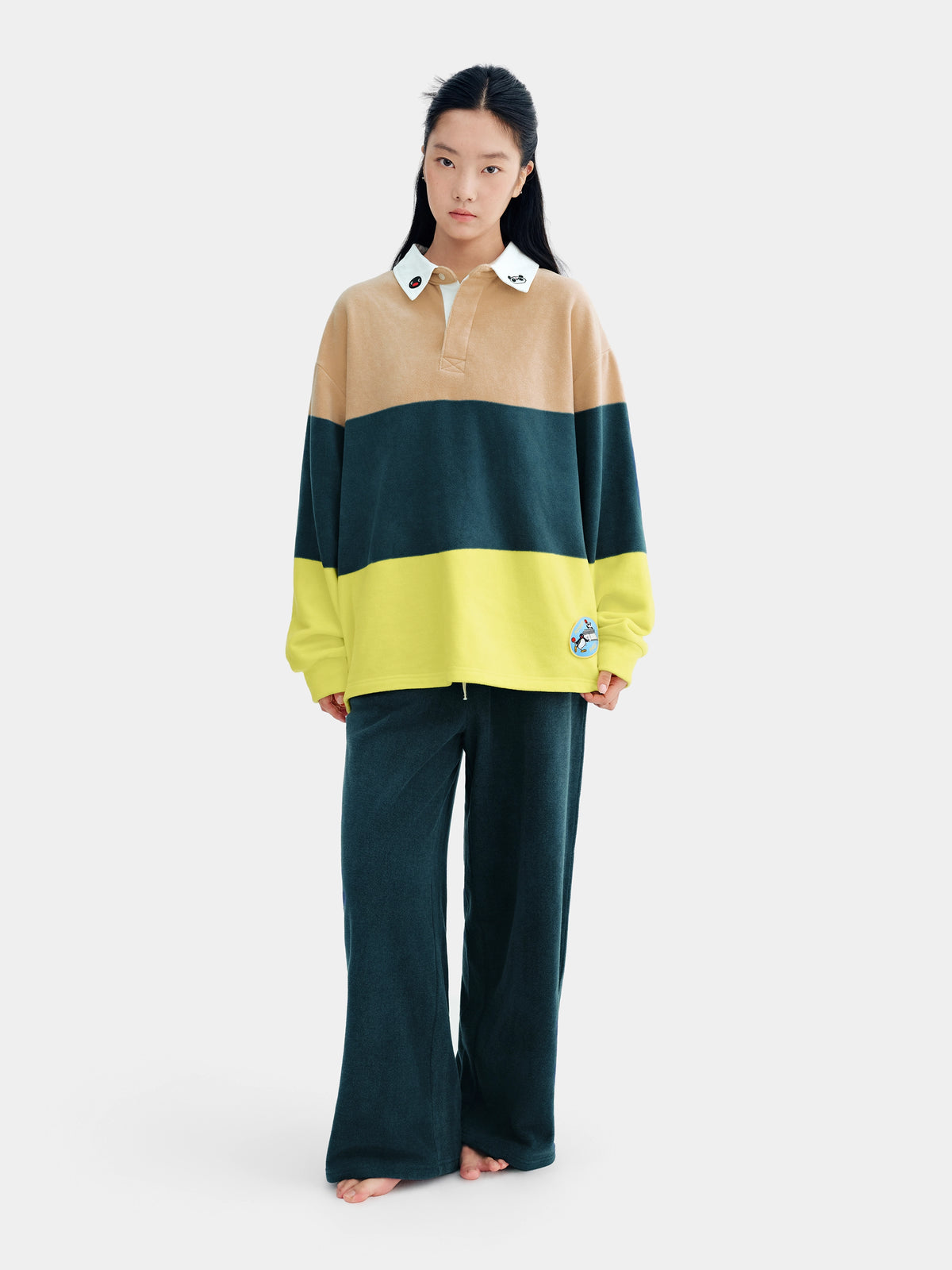 PIN!POM! Fleece Polo Loungewear Set Long Sleeve – Yellow & Brown Stripes