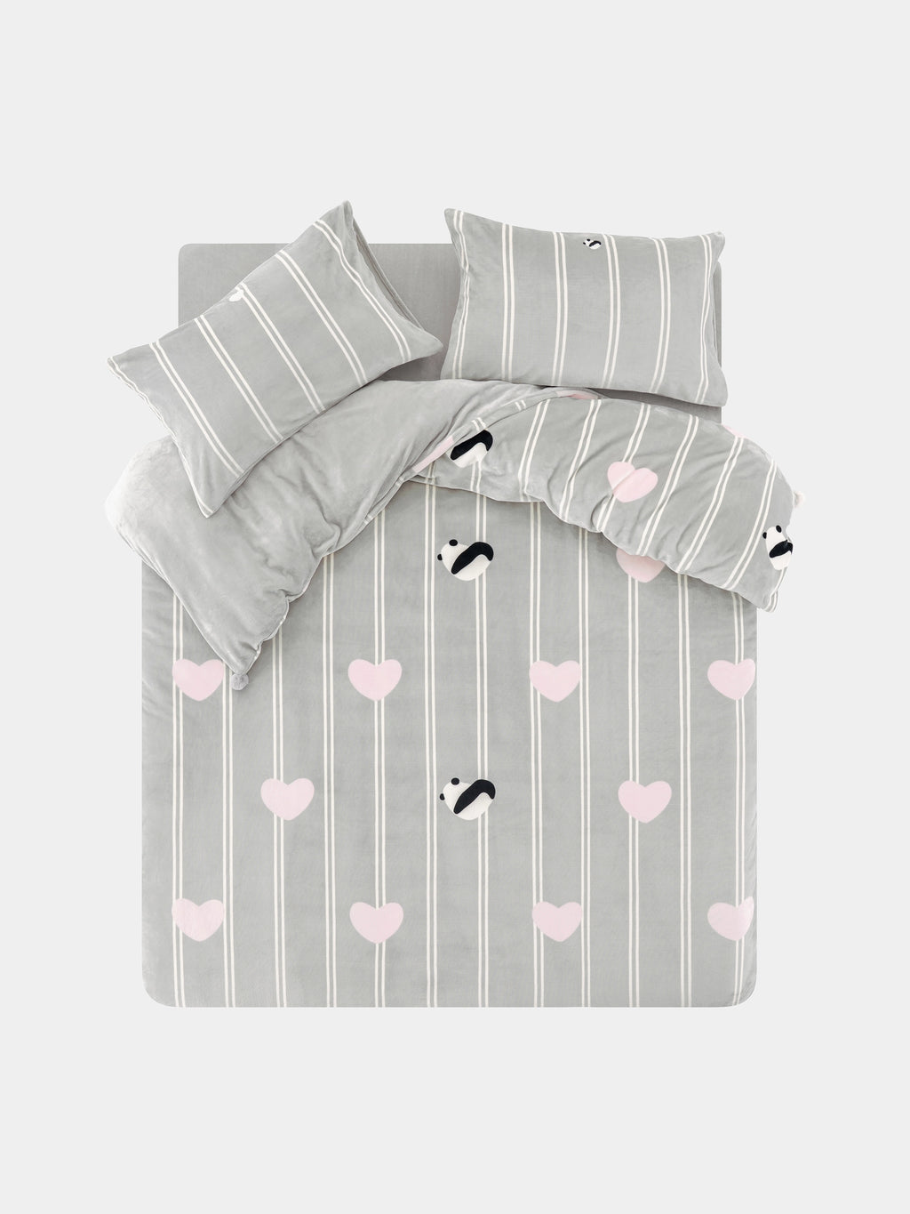 "panda pompom" "Hug Hug" Flannel Bedding Set – Grey