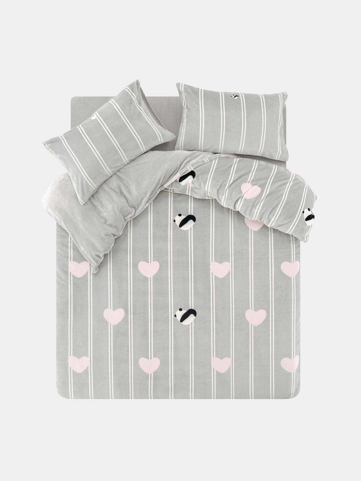 "panda pompom" "Hug Hug" Flannel Bedding Set – Grey