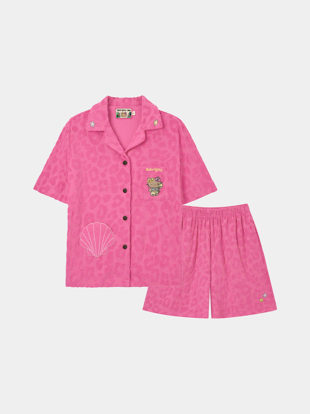 "Hello Kitty" Terry Loungewear Set Short Sleeve & Shorts – Hot Pink Leopard