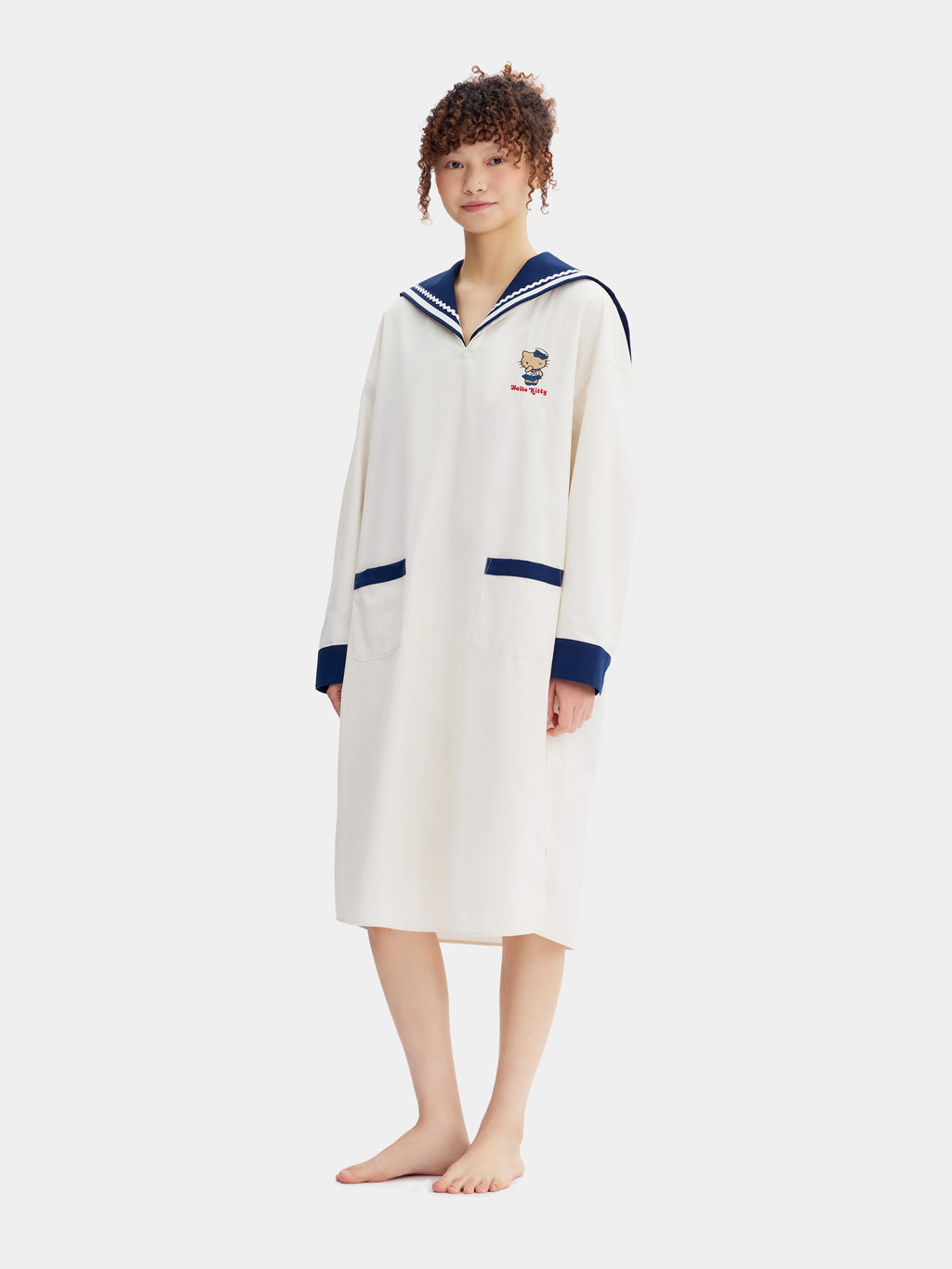"Hello Kitty" Cotton Sailor Collar Long Sleeve Nightgown