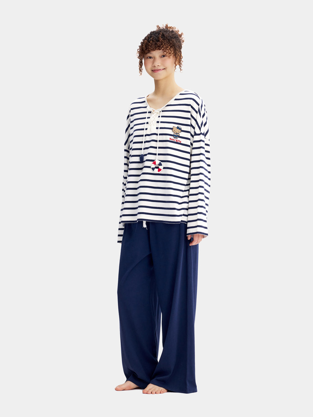 "Hello Kitty" Jersey Breton Stripe Loungewear Set Long Sleeve – Blue & White