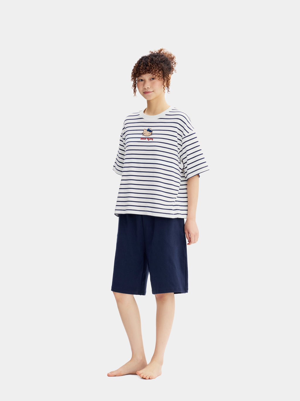 "Hello Kitty" Stretch Cotton Jersey Breton Stripe Loungewear Set Short Sleeve